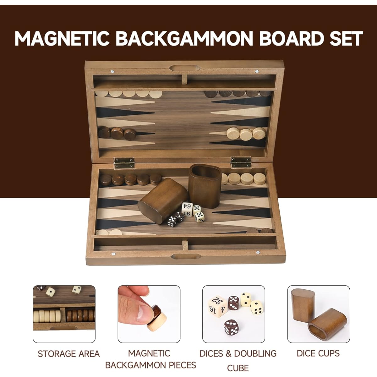 GSE Premium Wooden Folding Inlay Backgammon Board Game Set, Classic Traditional Board Game, Portable Travel Board Game, for Kids and Adults (Classic - 15 Inch)