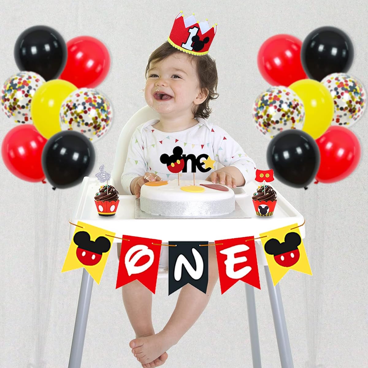 Mouse 1st Birthday Party Supplies Decorations 57pcs - Happy Birthday Banner, 1 Banner Balloon, "1" Foil Balloon, Hat, Door Sign, Cupcake Toppers, Video Game, Birthday Decorations for Boys/Girls/Kids/Baby