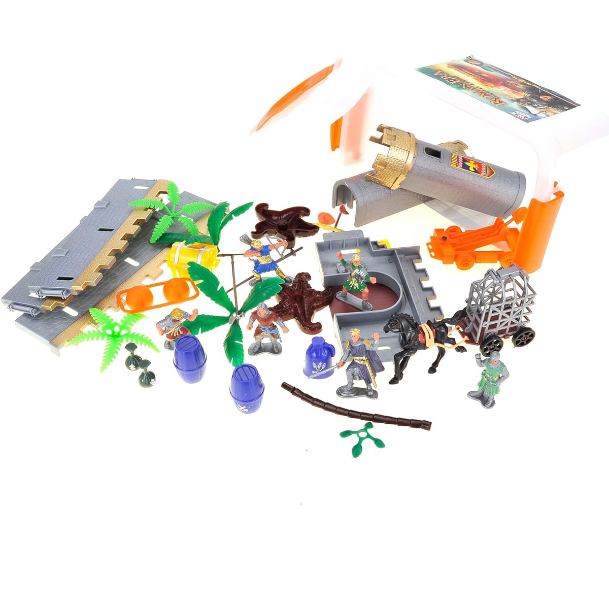 PowerTRC Roman Kingdom Action Figures Toy Army Knight Horse Castle Treasure Chest Catapult Figure Playset for Kids