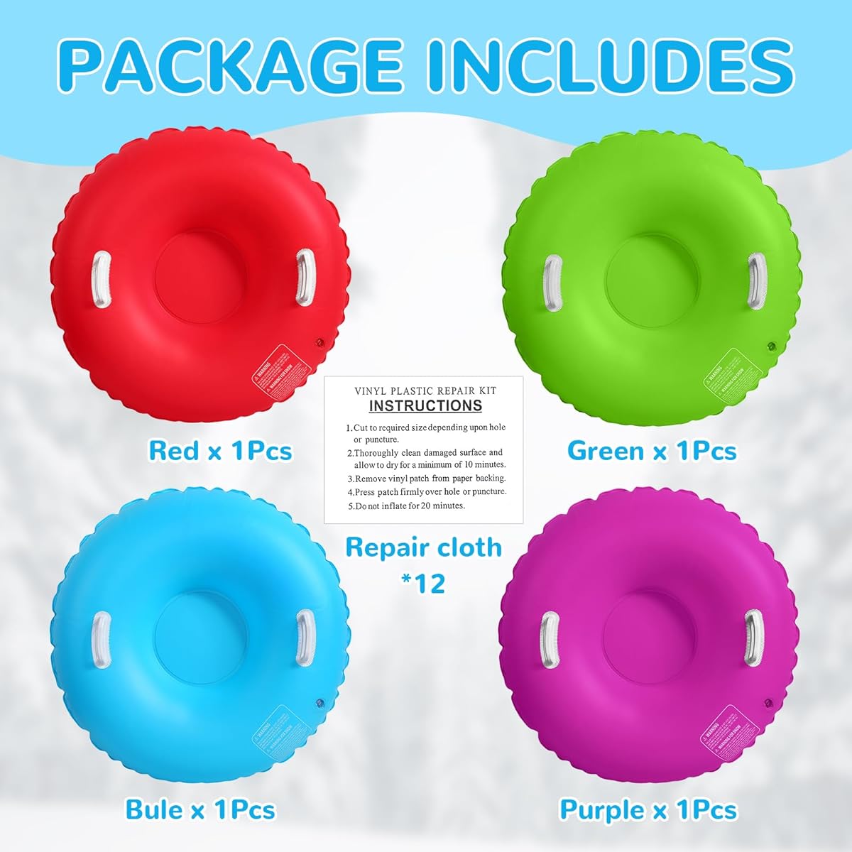Shappy Snow Tubes 4pcs 36" Inflatable Snow Tubes Sled Toboggan with Handles and Thick Bottom Winter Outdoor Inflatable Snow Tube Toys for Kids Toddlers Adults Winter Outdoor Sports