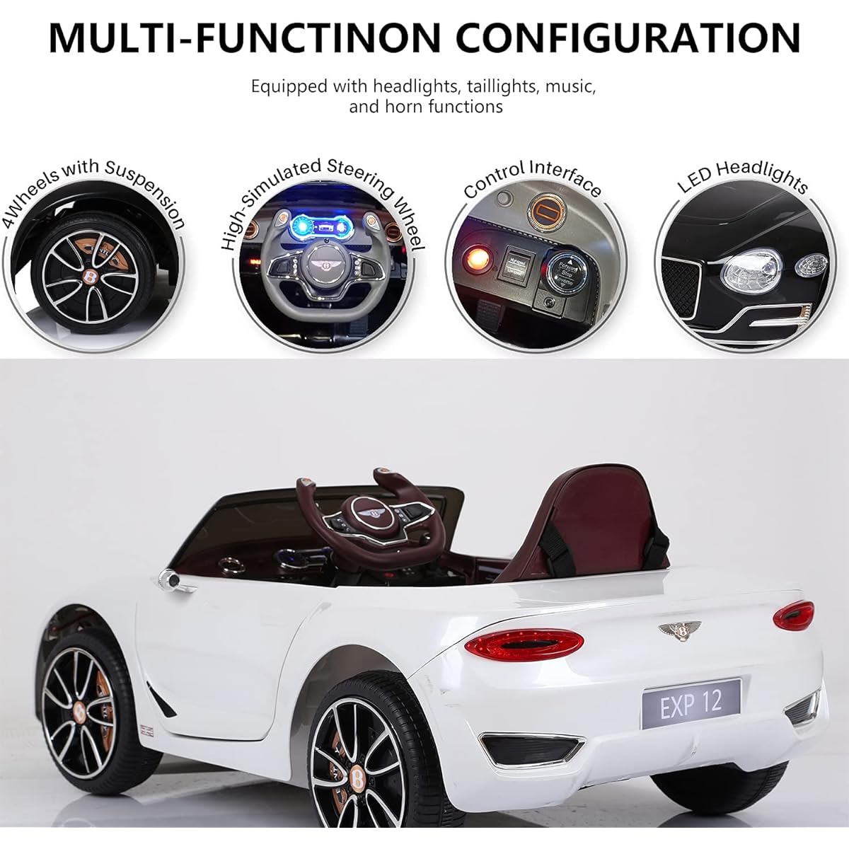 PRIME CLUB 12V Electric Ride-On Toy Car with Car Cover, Remote Control, LED Lights, MP3, for Boys, Girls, Toddlers (White)