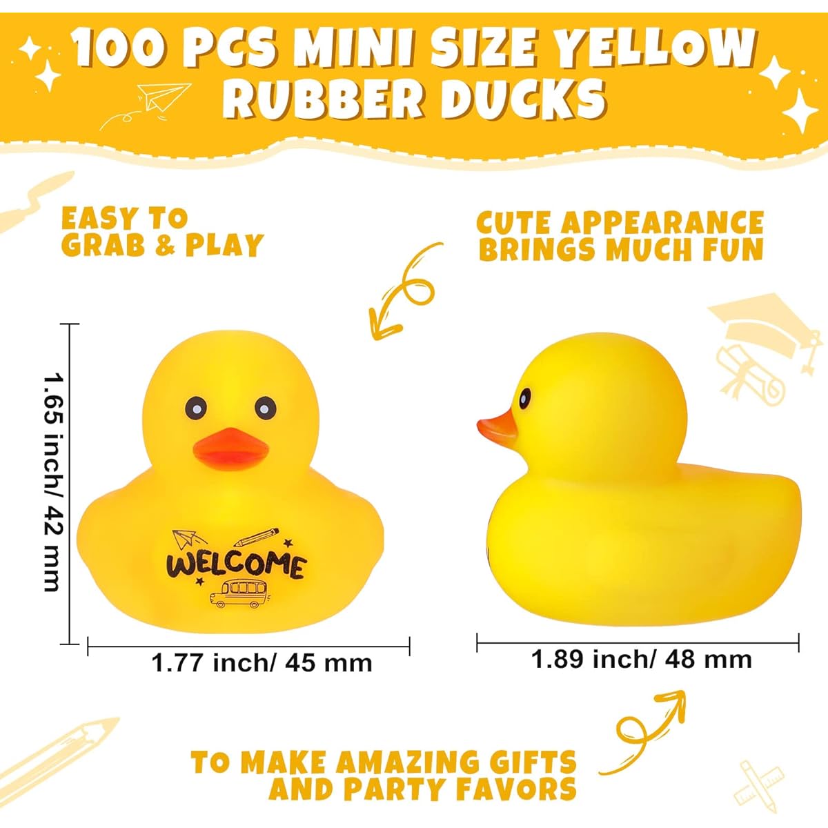 Leitee 100pcs Rubber Duck 1.9 Inch Mini Duck Squeaky Float Cruise Duck Welcome Back to School Small Rubber Duck Bath Toy Back to School Party Supplies Birthday Party Gift (Yellow)