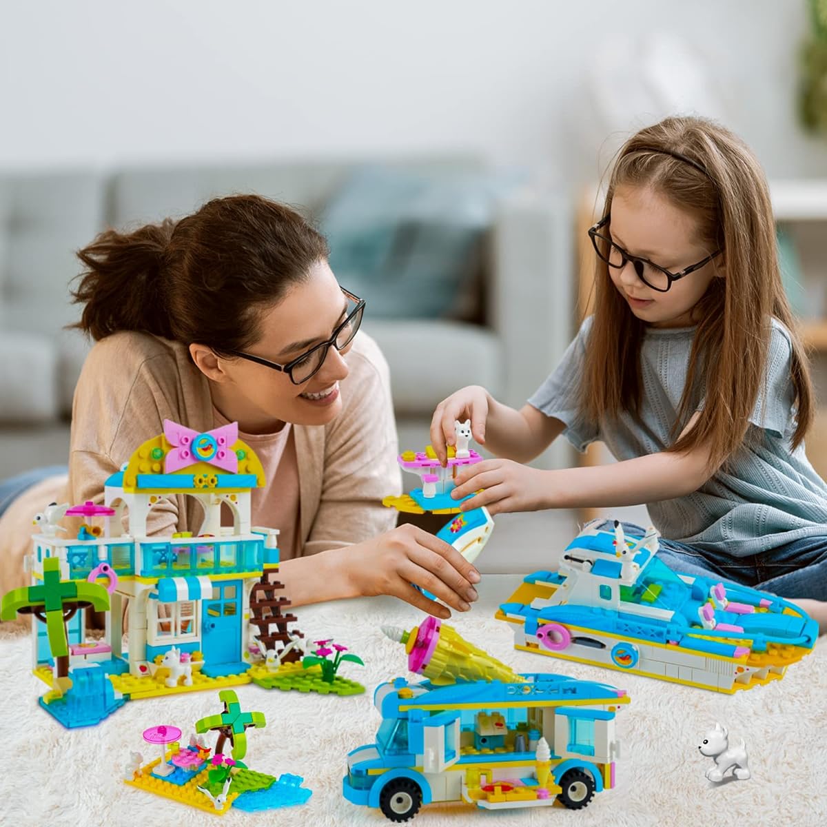 Friends Beach Glamping Building Kit Vacation Tour Construction Set Camper Beach House Boat Building Blocks Set, Ideal Creative Christmas Birthday Gift for 6-12 Year Old Girls (948 Pieces)