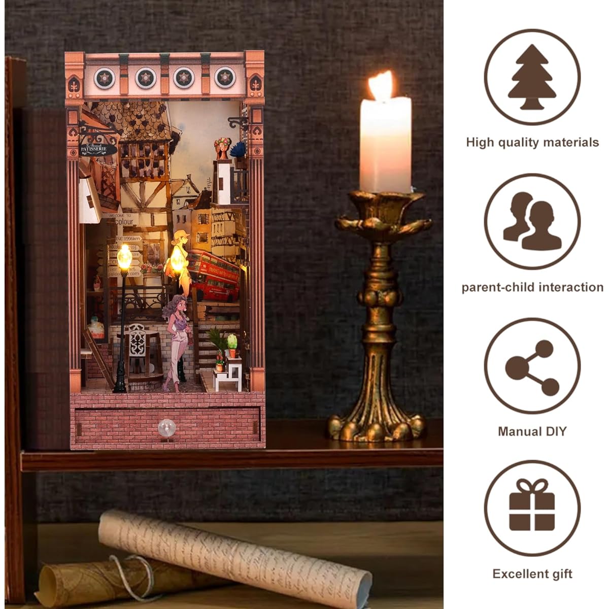Tzgsonp DIY Book Nook Kit Magic Book House Model Building Kit DIY Dollhouse Bookshelf Insert Decoration Array Creative Education Bookshelf Building Kit for Gift (Relaxed European Street)