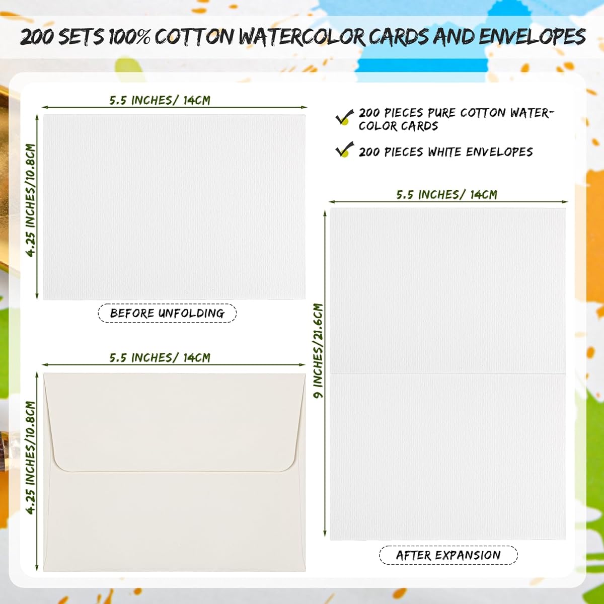 Fainne 200pcs 4.25 x 5.5 Inch Pure Cotton Watercolor Cards Set, Blank Cotton Watercolor Cards with Envelopes, 150lb Heavyweight Paper, Watercolor Postcards for Art Painting, Creative Thank You