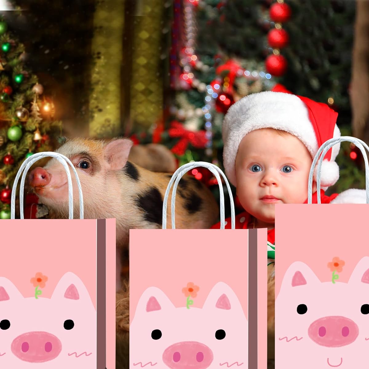 Pink Pig Goodie Bags, Pink Pig Birthday Party Supplies, Pink Pig Gifts Snacks Candy Party Favors Bags with Handles for Kids and Adults, Pink Pig Themed Party Decorations, 16pcs