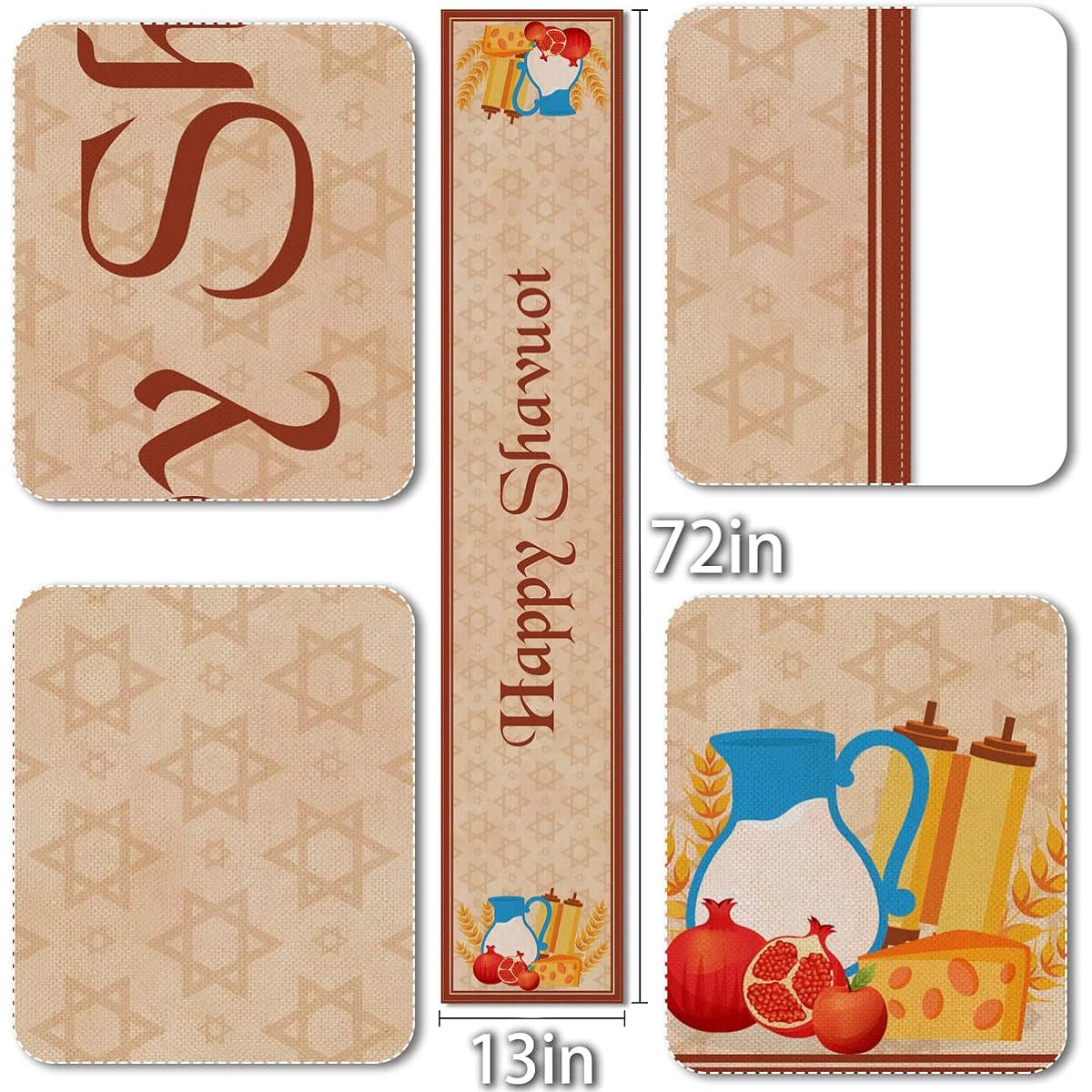 Happy Shavuot Table Runner Linen Rustic Jewish Feast of The Weeks Table Cover Home Kitchen Dining Table Decoration-72 Inch