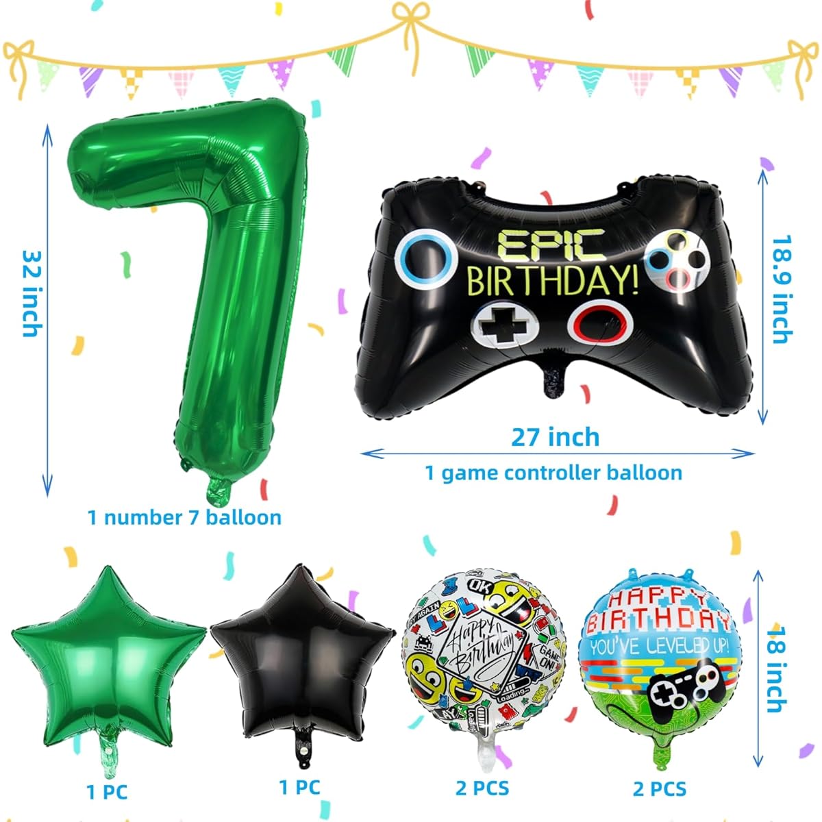 Video Game Party Balloons with Game Controller Birthday Balloon Green Number 7 Foil Balloon Round Game Balloon Star Foil Balloon Kids Boys 7th Birthday Decorations