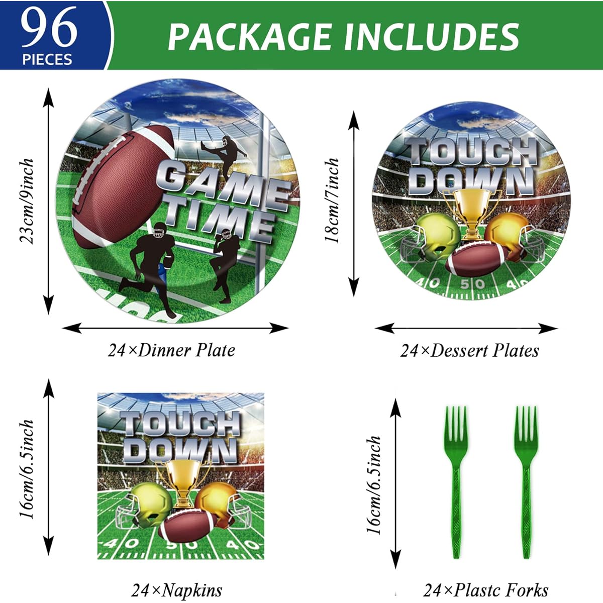 96pcs Football Party Paper Plates and Napkins Supplies Disposable Football Sports Party Birthday Decorations for Kids, Serves 24