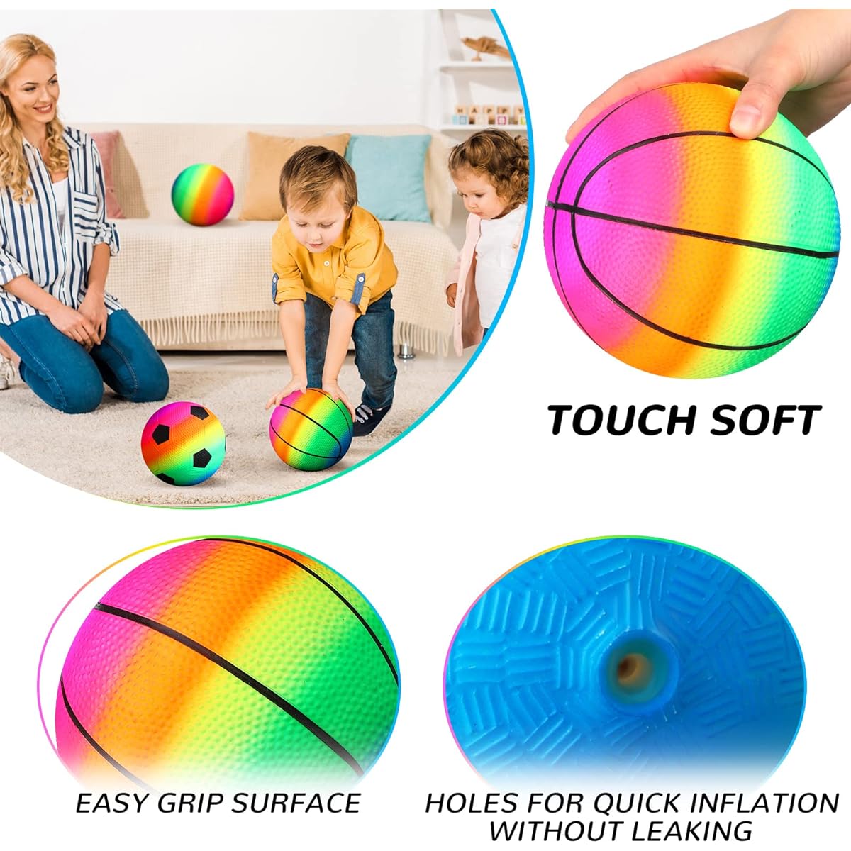 Lenwen 15 Pieces Rainbow Playground Sports Balls for Kids with 1 Hand Pump, 6" Inflatable Balls Basketball Soccer Kickball Dodgeball for Kids Teens 3-12 Years Indoor Outdoor Schoolyard Ball Games