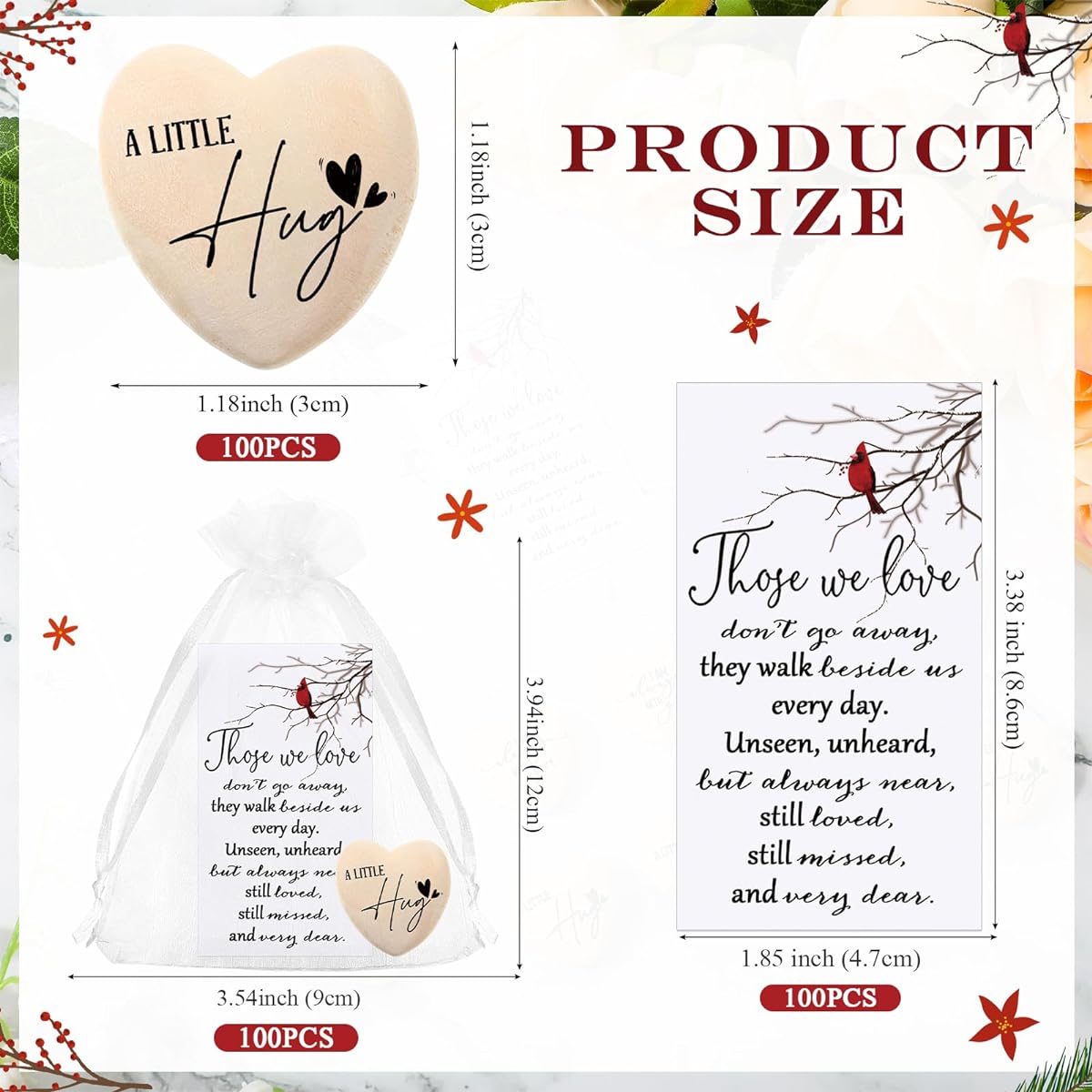 Fulmoon 100 Set Memorial Pocket Hug Wooden Heart Token Memorial Pocket Heart Charm Family Funeral Gift with Organza Bag and Cardinal Greeting Card Church Favors
