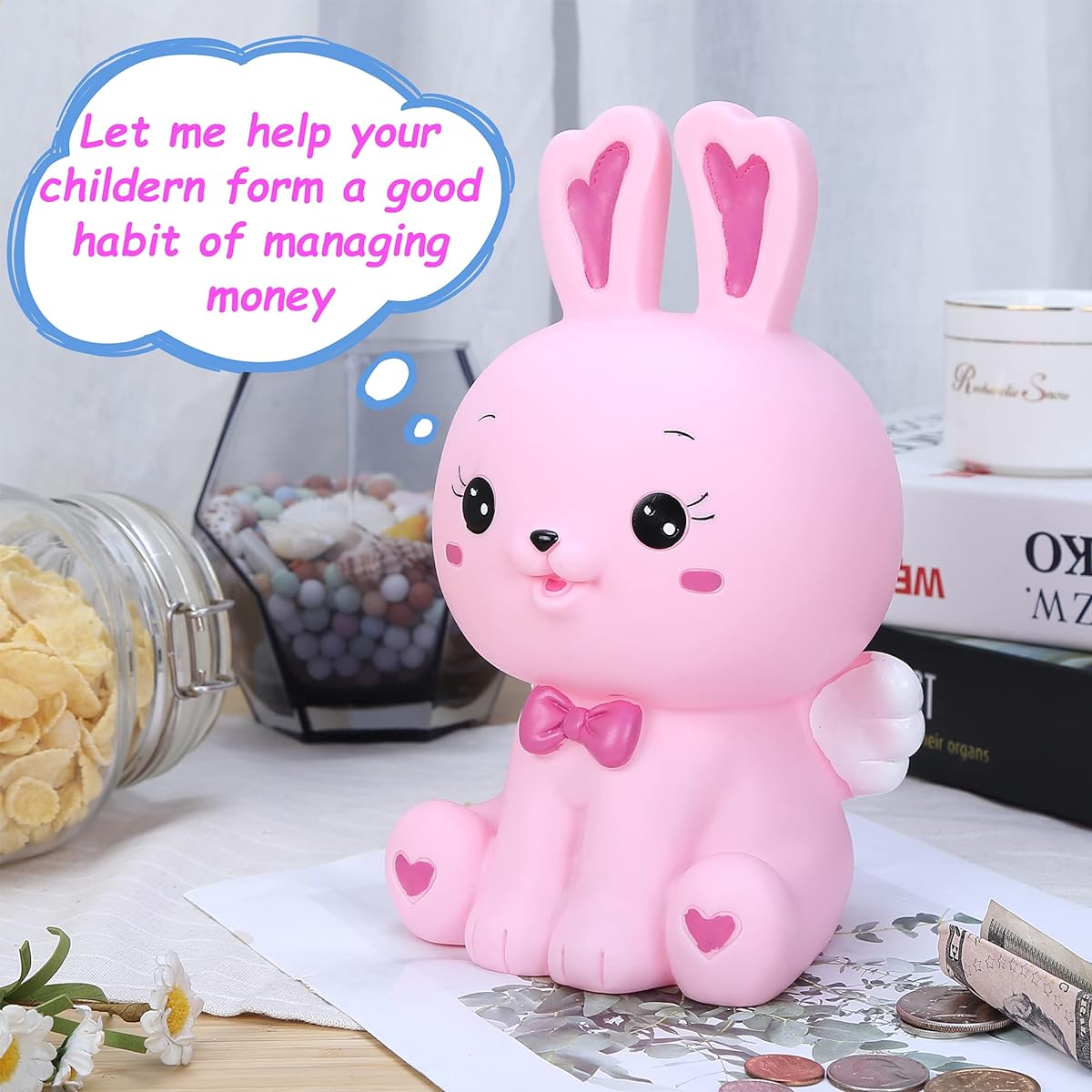 H&W Lovely Bunny Coin Piggy Bank, Shatterproof Rabbit Piggy Bank, Creative Money Bank, Holds 800 Coins, Bit Day Gift, Pink (WK21-D6)