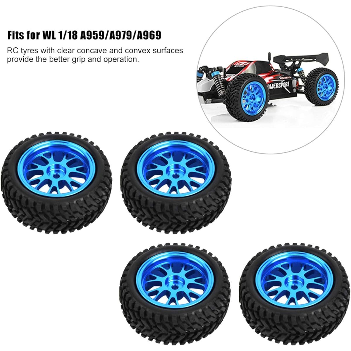RC Crawler Tires 1.7 Inch RC Tires RC Rubber Tire Set Wheel Tires 1/18 Car Tires Pre-assembled RC Tires and Wheels Lightweight Blue WL A959 A979 A969 for 1/18 Model Car