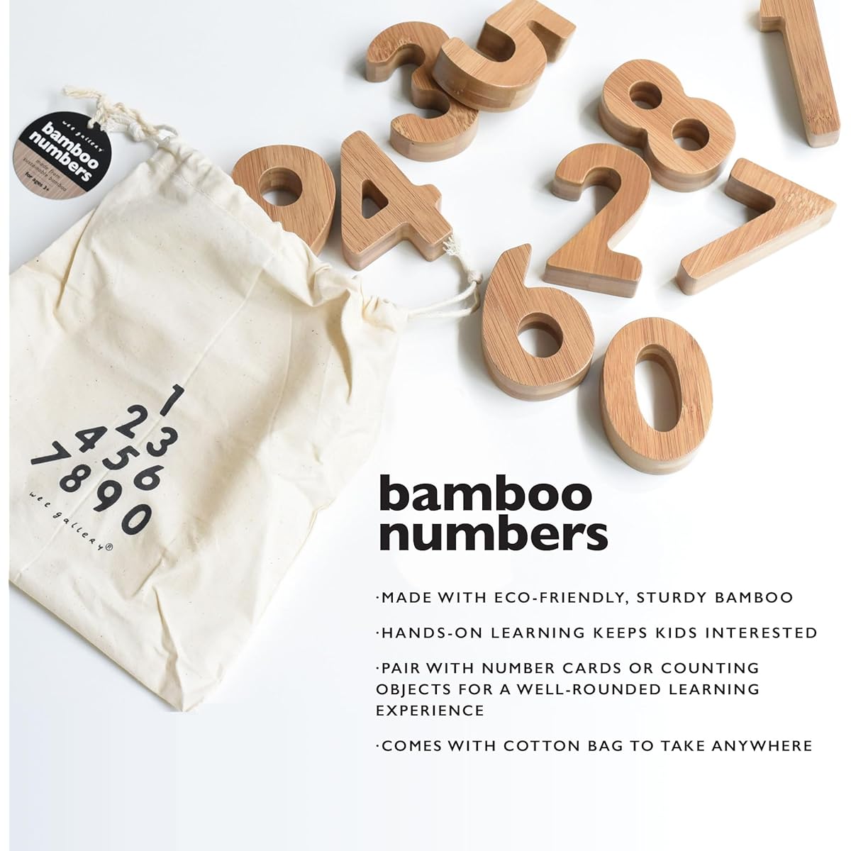 Wee Gallery Bamboo Number Set - Learning Numbers for Babies, Toddlers and Preschoolers - Interactive Wooden Numbers Stimulate Early Development Through Educational Toys