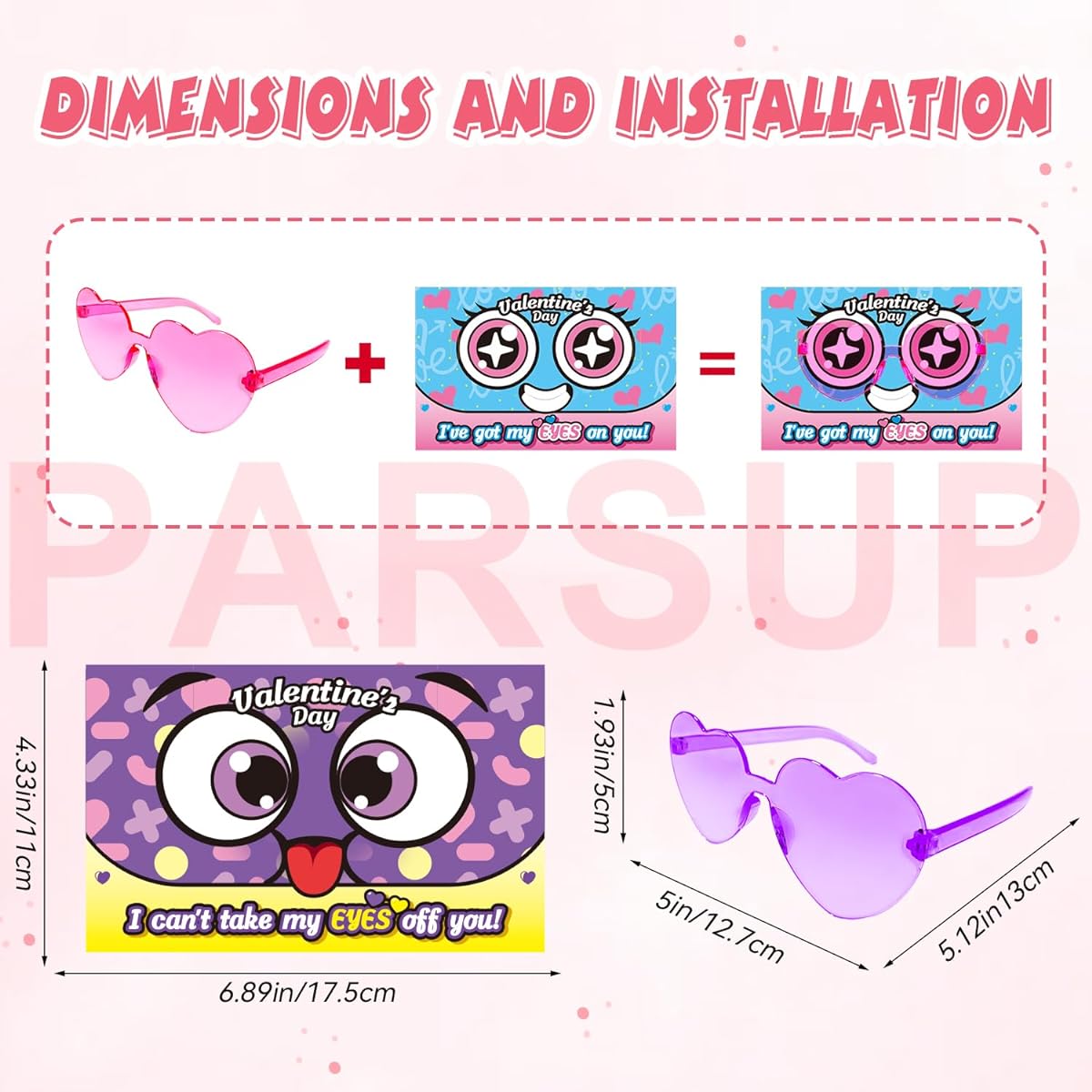PARSUP Valentine's Day Greeting Cards with Heart Shaped Glasses, 12 Plastic Glasses Case Toys Party Favors for Kids Valentine's Day Class Exchange Gift