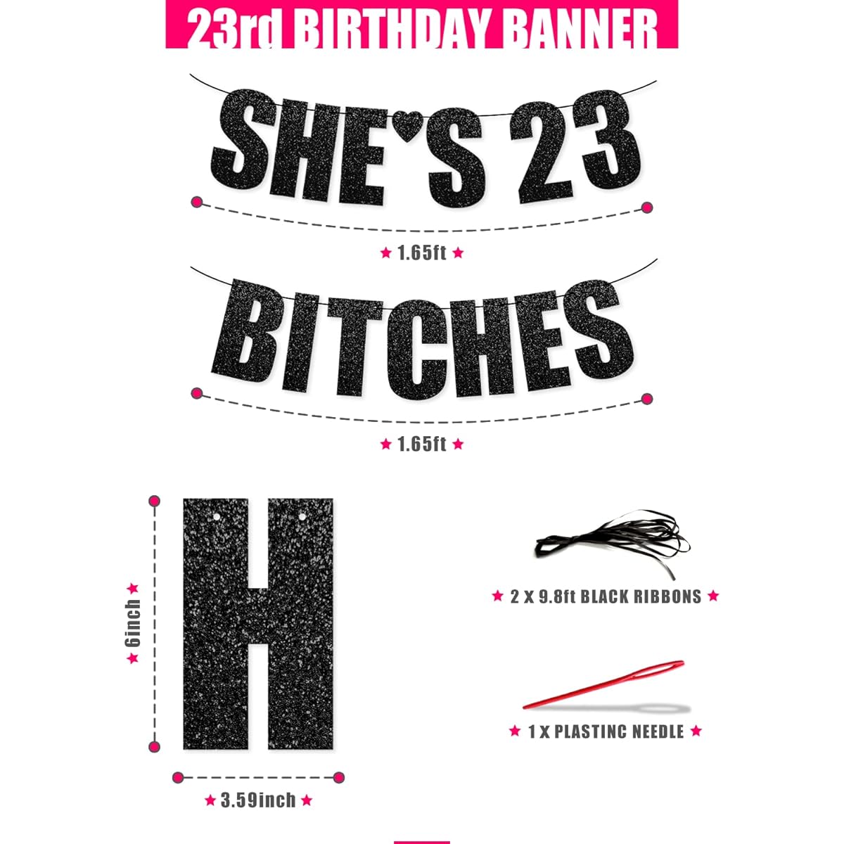 PartyForever 23rd Birthday Party Decorations Banner for Women SHE'S 23 BITCHES Black Glitter Letter Sign