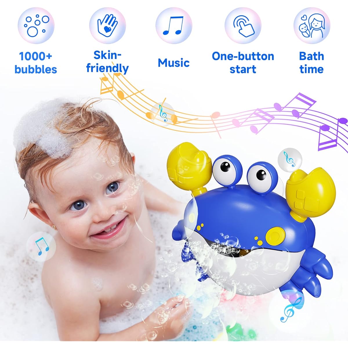 Crab Bath Toy: Toddler Bath Toy Blows Bubbles and Plays 12 Kids Songs, Singing Bath Bubble Maker for Babies (Blue)