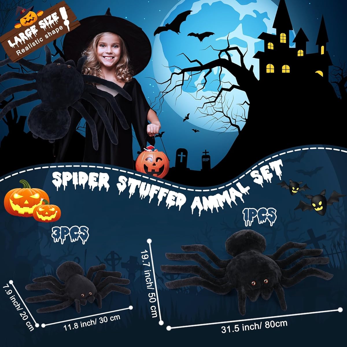 Libima 4 Pieces Spider Plush Toy, 2 Sizes, Giant Realistic Stuffed Spider Pillow, Soft Black Spider Doll, Halloween, Birthday, Christmas, Funny Prank Toy