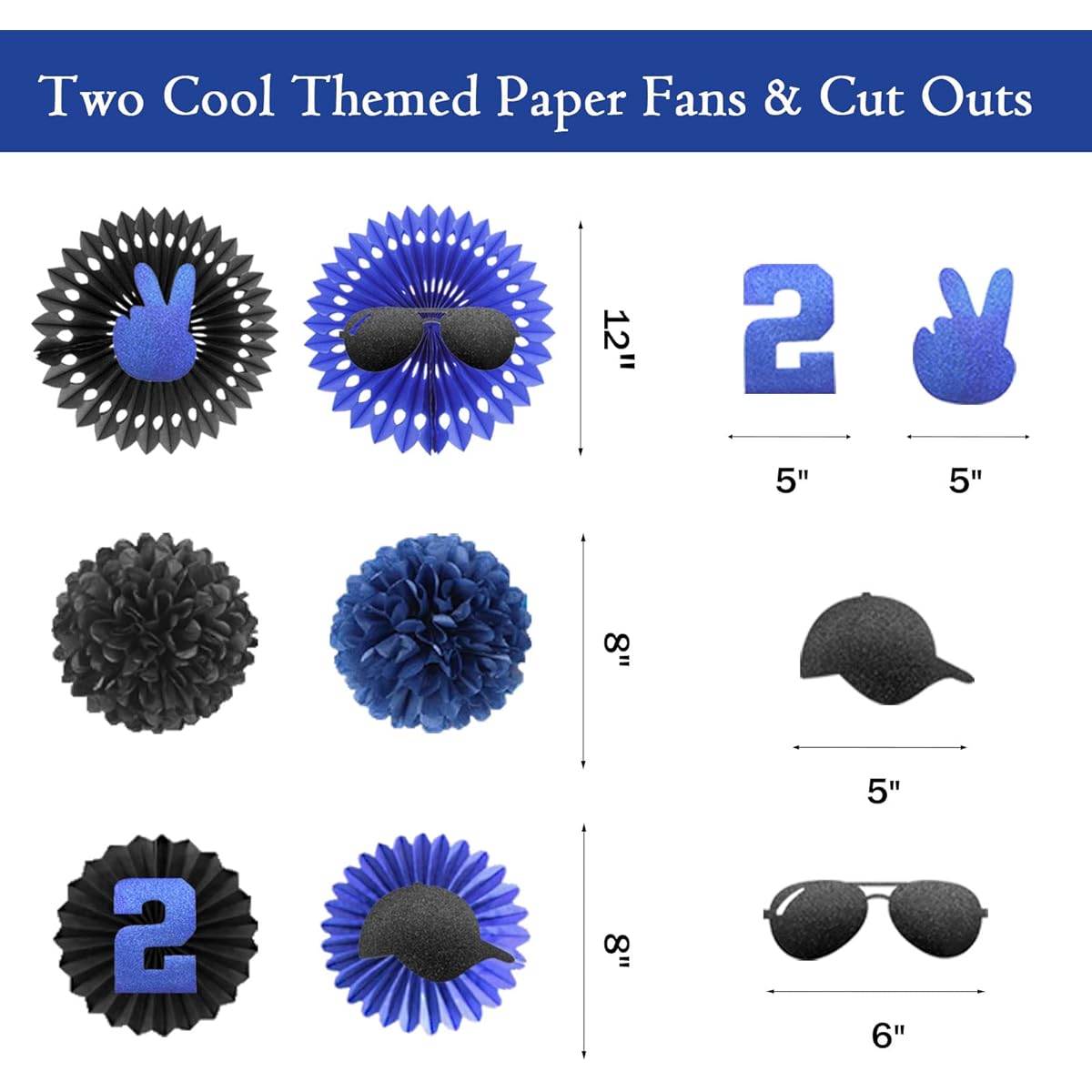Hombae 2 Cool Birthday Party Decorations, 2nd Birthday Decorations for Boys, 2nd Birthday Boy, 2nd Birthday Boy, 2 Cool Banner Cake Topper Paper Fans, Cutouts 2 Foil Balloons 2 Cool Posters