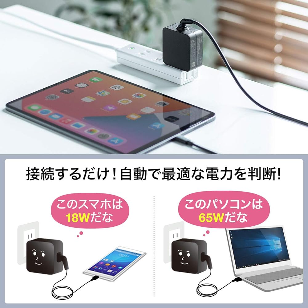 Sanwa Supply USB Power Delivery compatible AC charger (PD65W) Type-C cable integrated ACA-PD76BK