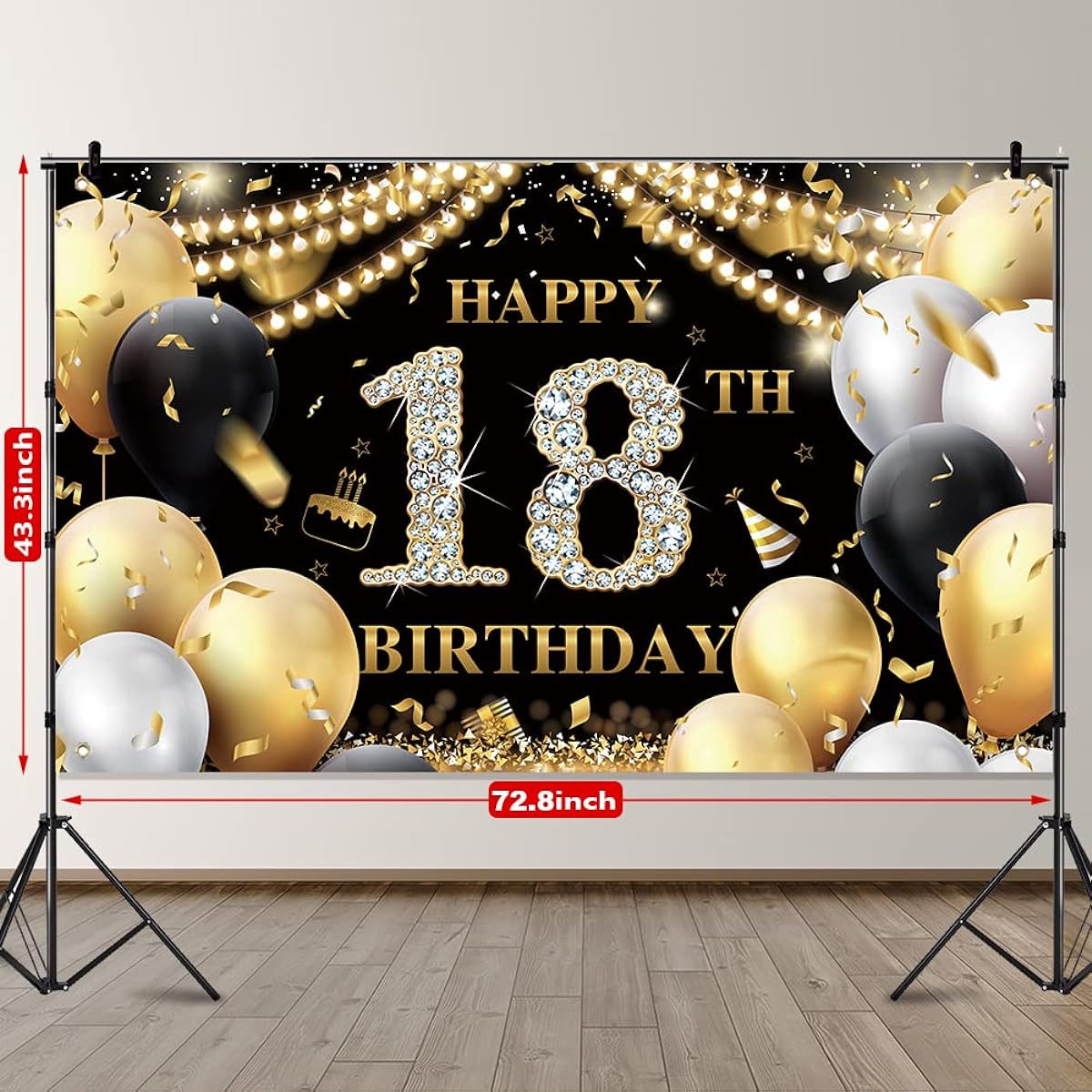 18th Birthday Banner, 18th Birthday Party Decorations, 18 Black Gold Birthday Backdrop, 18th Party Background for Boys Girls 18th Birthday Party Photo Booth Birthday Decorations 72.8 x 43.3 Inch