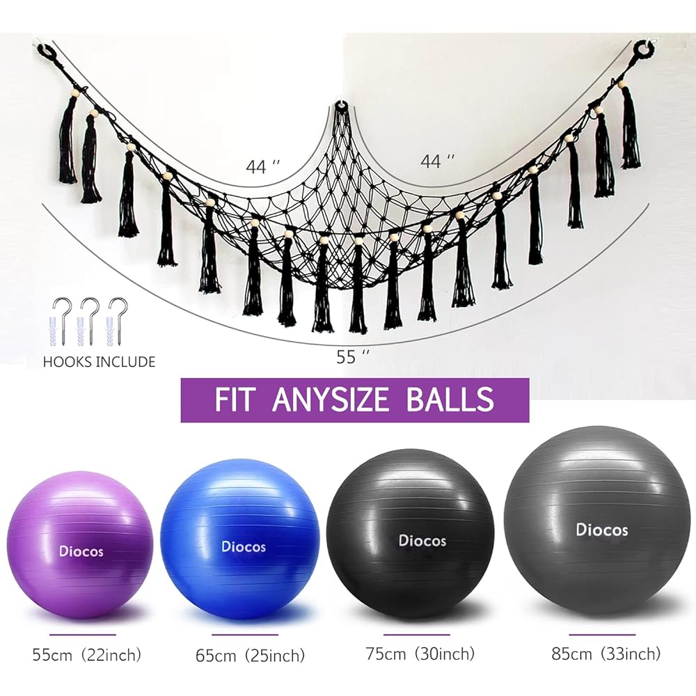 Diocos Exercise Ball Holder Yoga Ball Rack Corner Hanging Storage Net or Hammock Fitness Ball Balance Ball Organizer Pregnancy Stability Ball Swiss Balance Ball for Yoga Studio and Gym