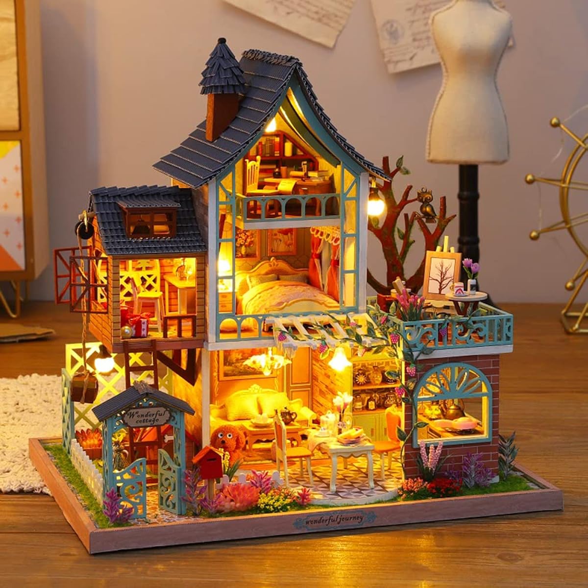 Roroom DIY Miniature and Furniture Dollhouse Kit, Mini 3D Wooden Dollhouse Craft Model with Dustproof Cover and Music Movement, Creative Room Ideas for Valentine's Day Birthday Gifts (JUNGCE Resort)