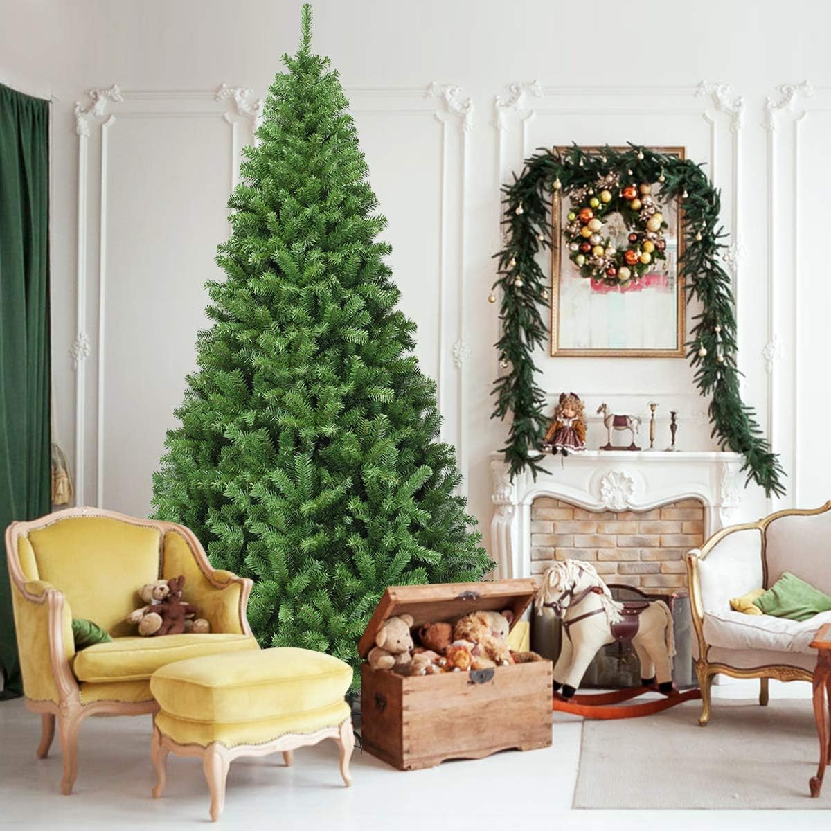 SPSUPE Christmas Tree, Classic Fireless Artificial Christmas Tree, Premium Hinged Spruce Full Tree with Solid Metal Stand, 9FT, Green, 1 x Christmas Tree
