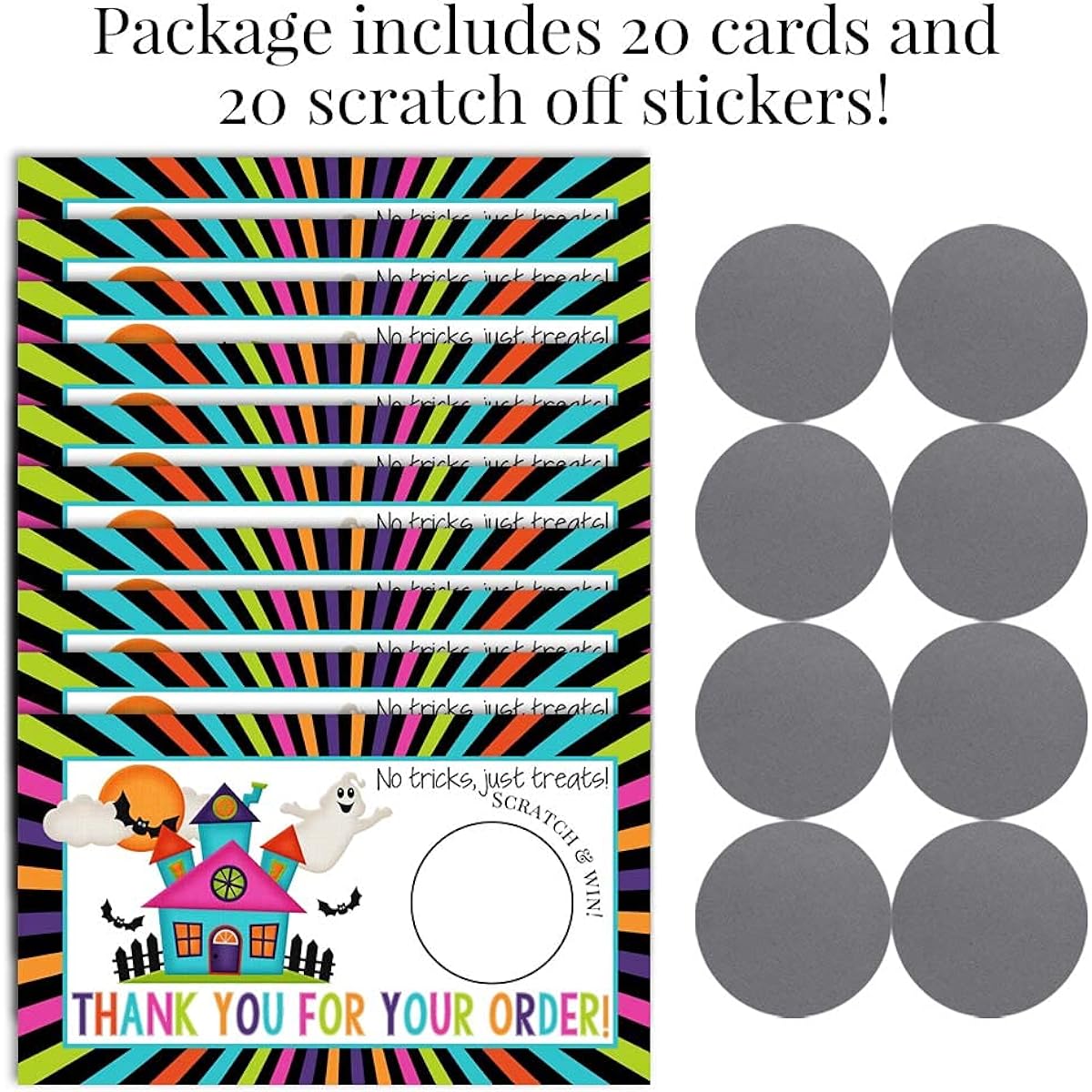 AmandaCreation Colorful Haunted House Halloween Theme Scratch & Win Customer Appreciation Package Inserts for Small Businesses, 2" x 3.5" Single Sided Insert Cards with Scratch Off Stickers, 20 Count