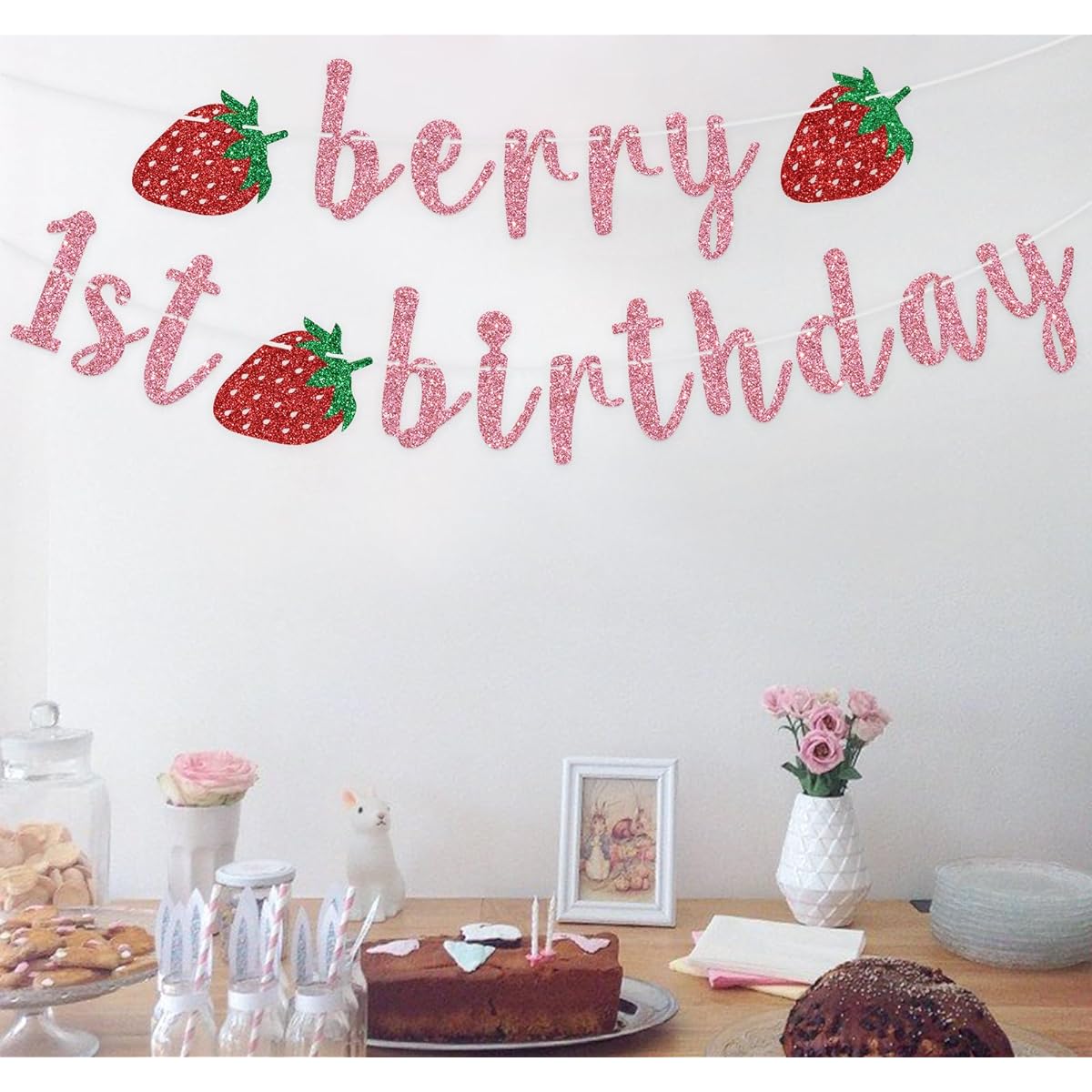 Berry 1st Birthday Banner Miss Onederful, Sweet One, Happy 1st Birthday, Glittering Strawberry Theme 1st Birthday Party Decorations Supplies for Baby Girls (Pink)