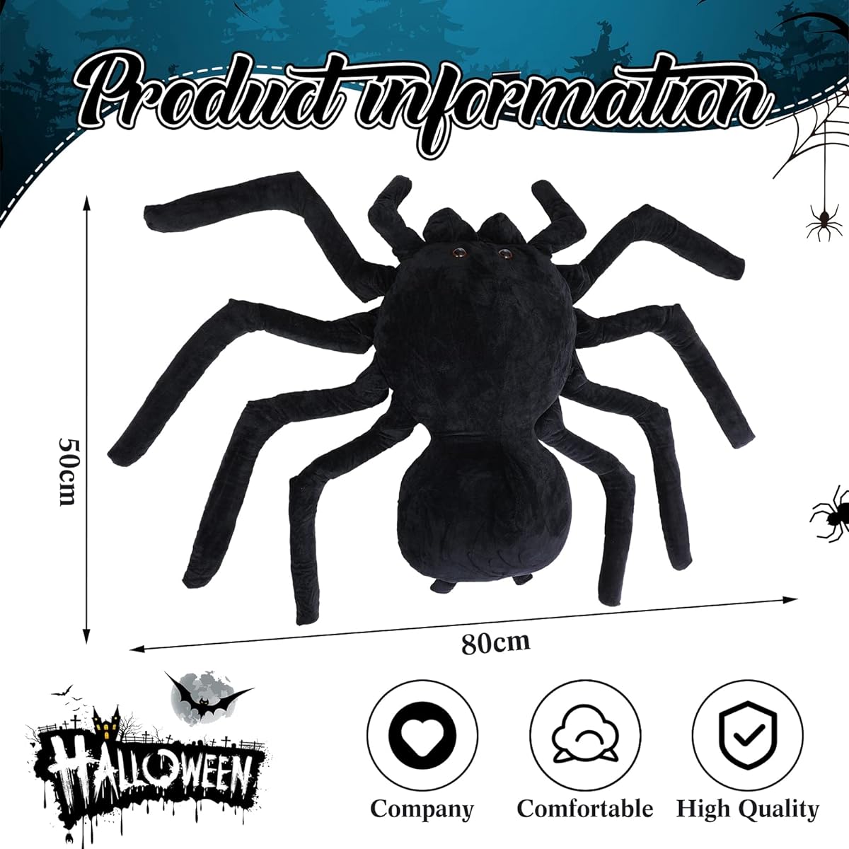 HyDren Giant Spider Plush Toy, Giant Spider Stuffed Animal, Realistic Black Spider Plush Toy, Halloween Funny Prank Toy (31.5 x 19.7 inches)