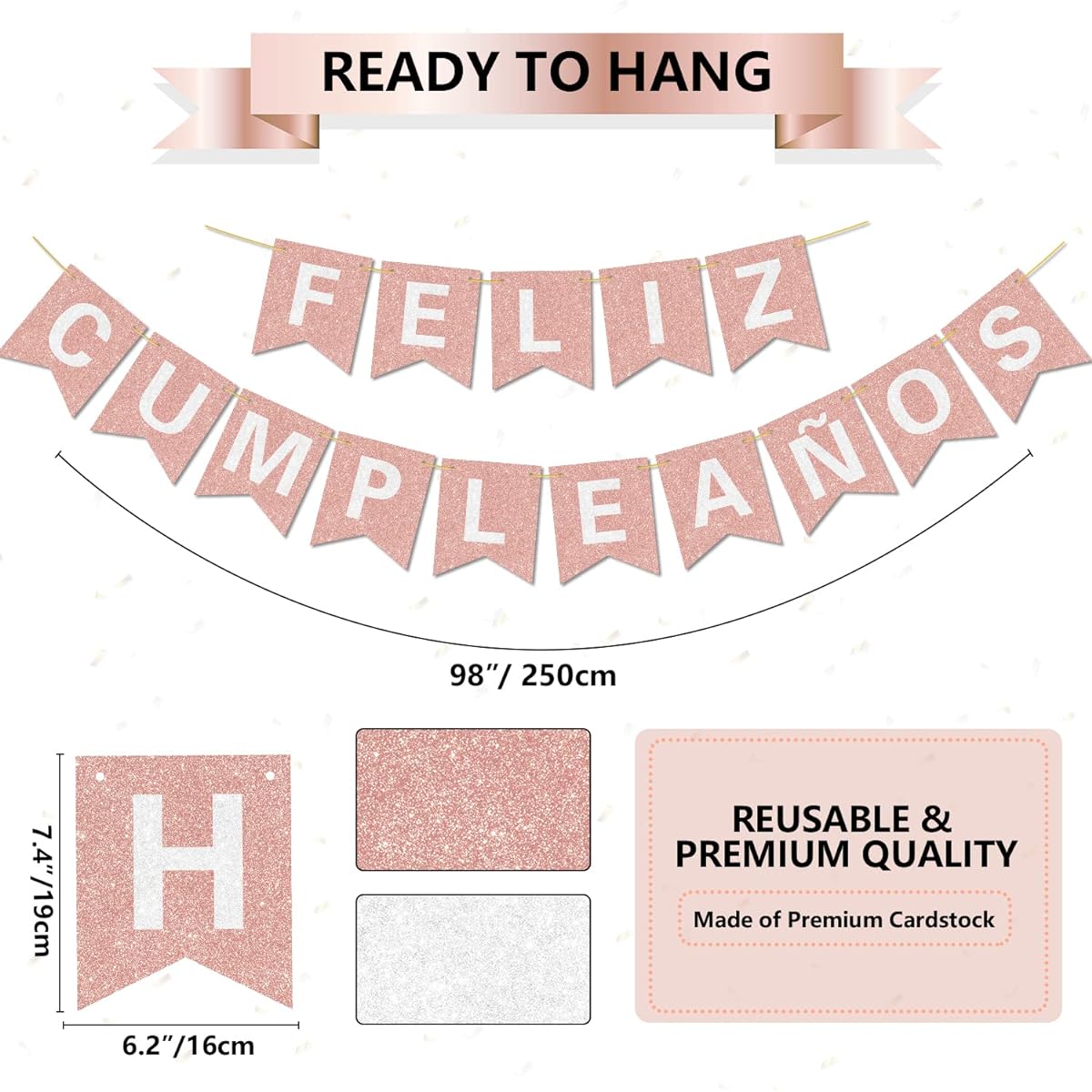 Pre-Tacked Happy Birthday Banner - No DIY - Glitter Happy Birthday Banner with Glowing Letters, Gold for Birthday Party Decorations and Supplies (HAPPY BIRTHDAY, Black)