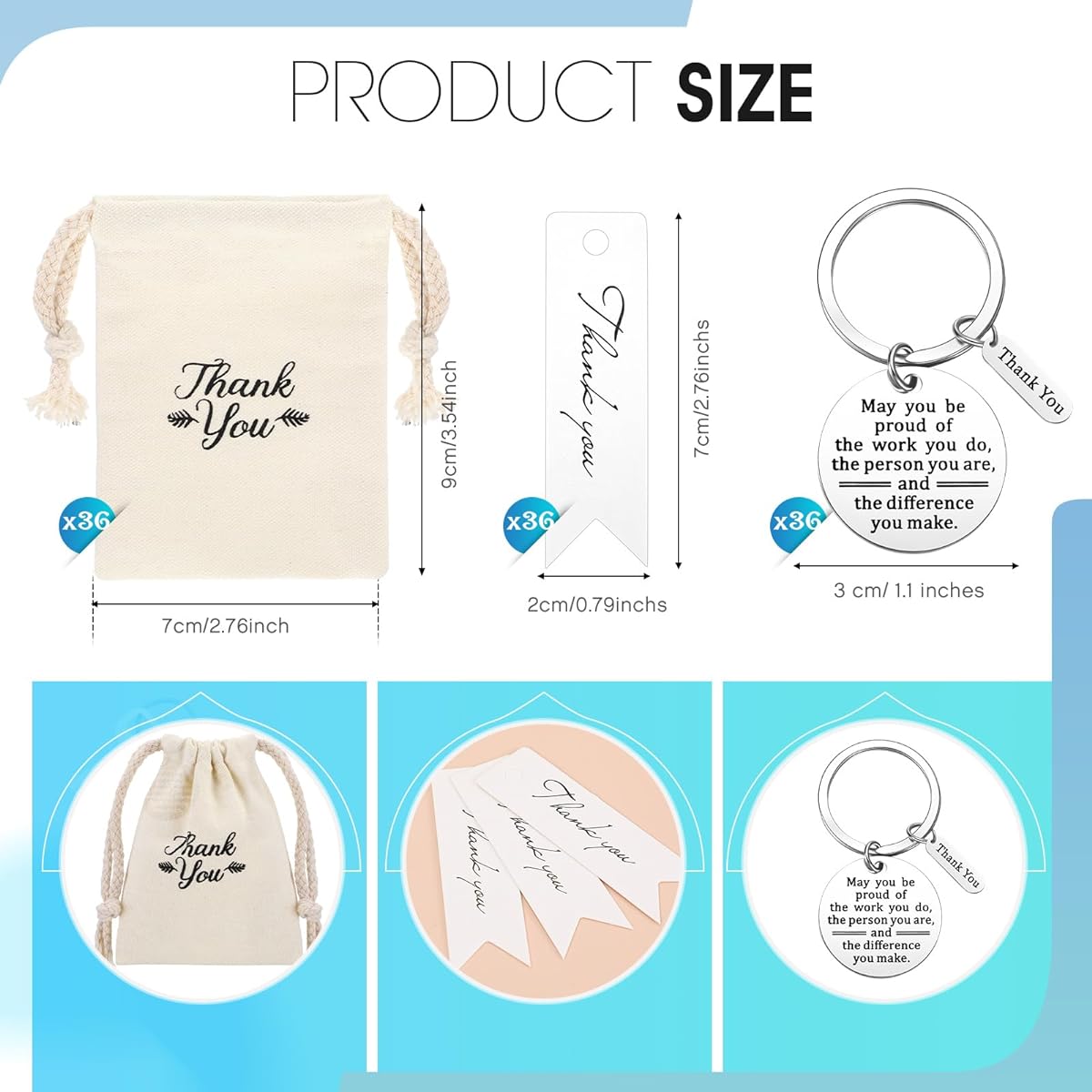 Sasylvia 36 Set Thank You Gifts Employee Appreciation Gifts Bulk Inspirational Keychains with Canvas Bag and Thank You Tag, White, Keychain: approx. 1.18 inches, SASYLVIA-KEYCHAIN-76