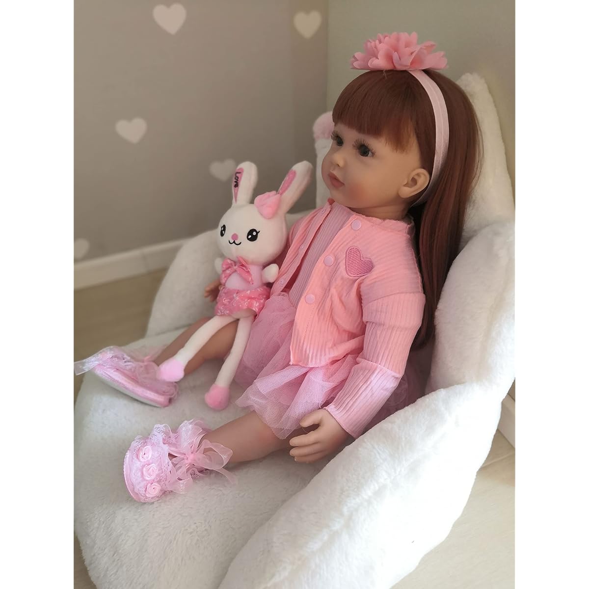 RXDOLL 24inch 60cm Realistic Reborn Doll Toddler Super Cute Princess Girl with Pink Dress and Hairband for Boys Girls Birthday Christmas Gift Age 3+
