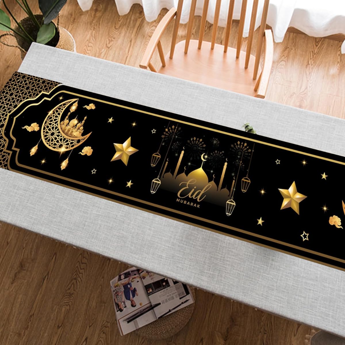 KYMY Ramadan Mubarak Table Runner 71X13.8 Inch Eid Mubarak Table Runner Islamic Islamic Table Runner Eid Mubarak Party Decoration Home Dining Room Decor (EID-Black-1)