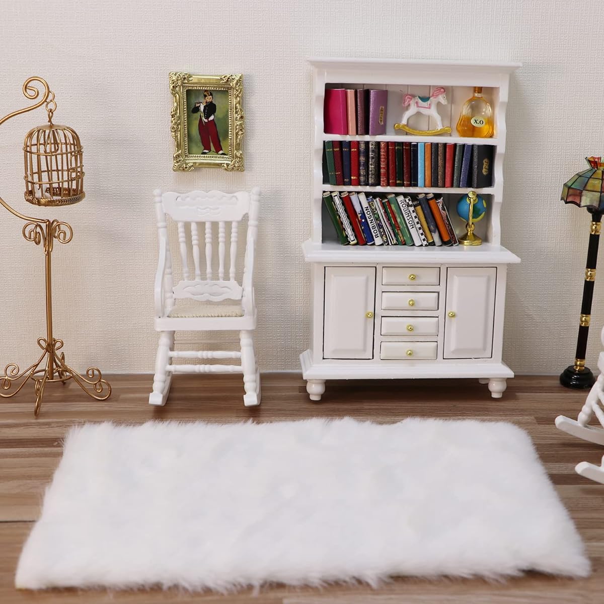 1:12 Scale Miniature Cupboard Bookcase Classic Wooden Mini Storage Hutch Kitchen Dollhouse Bookcase Wooden Cabinet 1:12 Furniture Display Showcase Decor Sideboard Accessories (White)