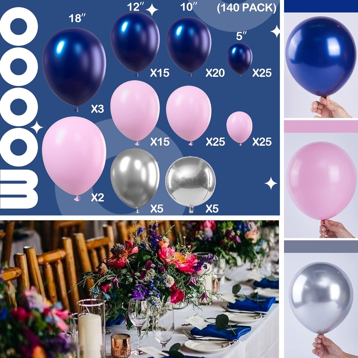 Navy Balloon Garland, Pastel Pink Balloons, Navy Blue Balloons, Silver Balloons, Balloon Garland for Balloon Arch, Birthday Decoration, Baby Shower Decoration, Wedding Decoration, 140pcs