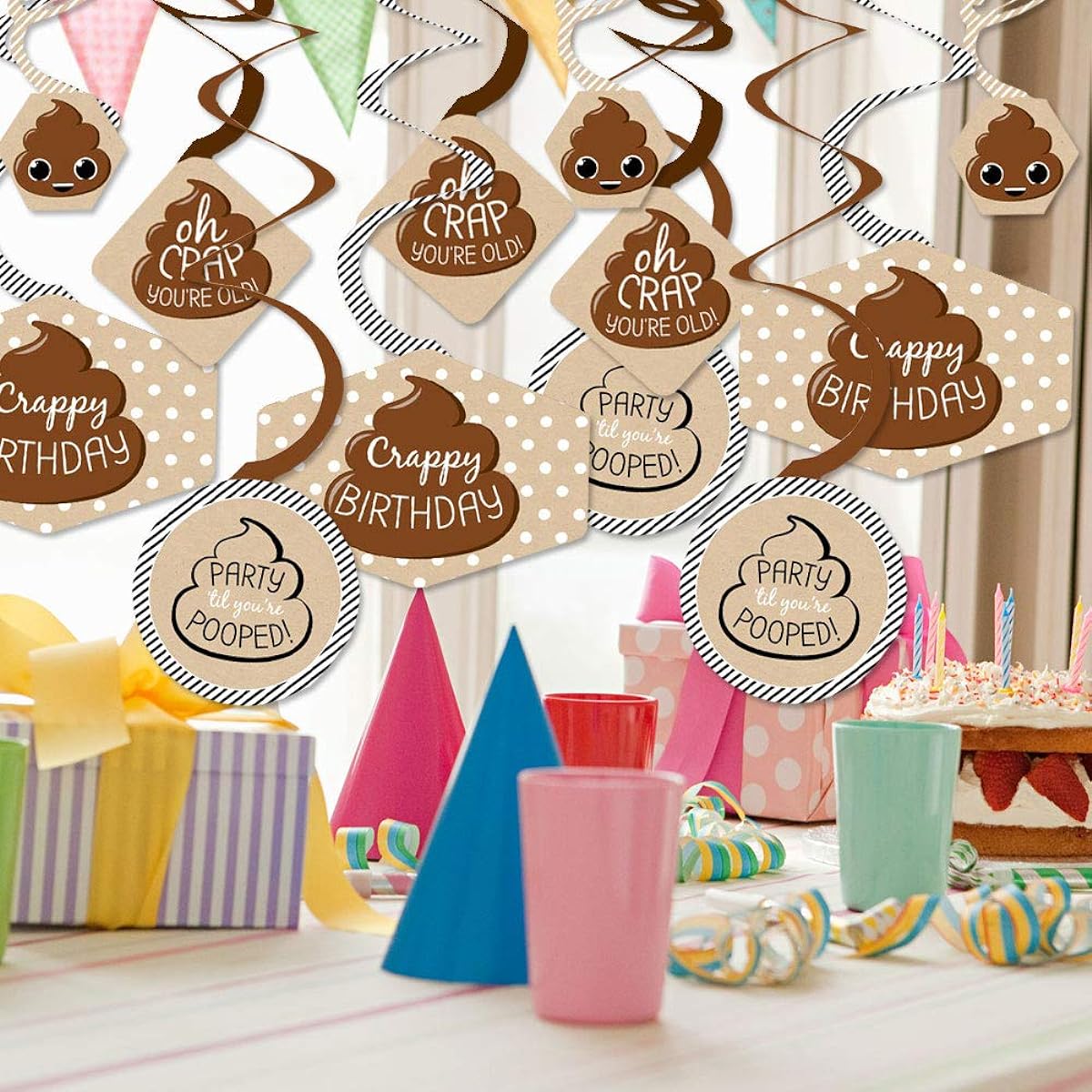 Big Dot of Happiness Oh Crap, You're Old - Poop Birthday Party Hanging Decor - Party Decoration Swirls - Set of 40