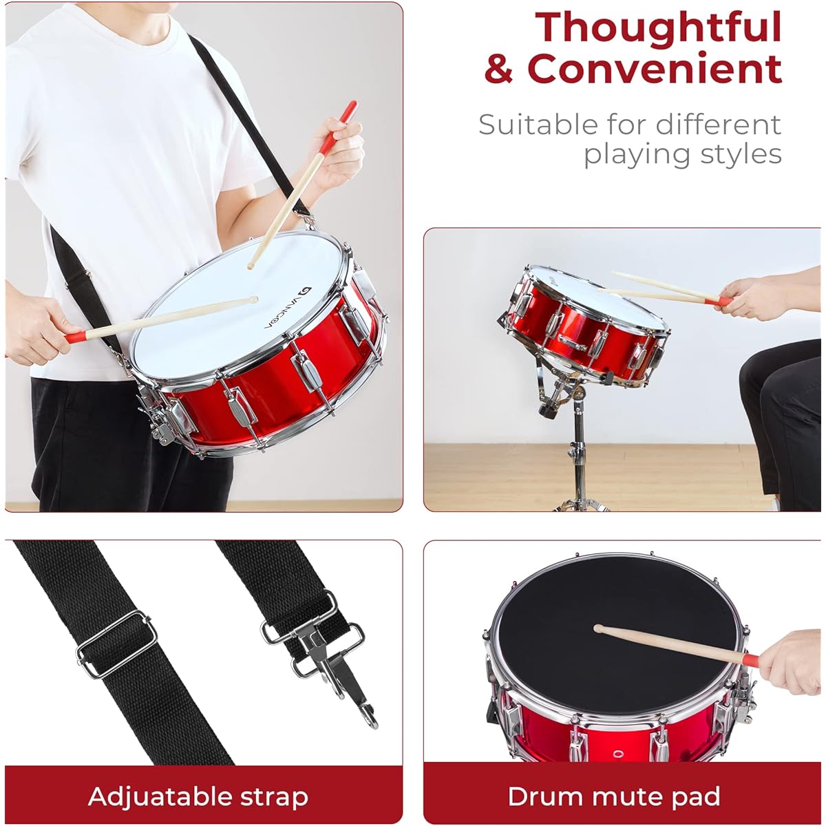Vangoa Snare Drum Set Student Snare Drum Kit with Stand Drum Mute Pad 5A Drumsticks Drum Key Sticks 14" x 5.5" Red