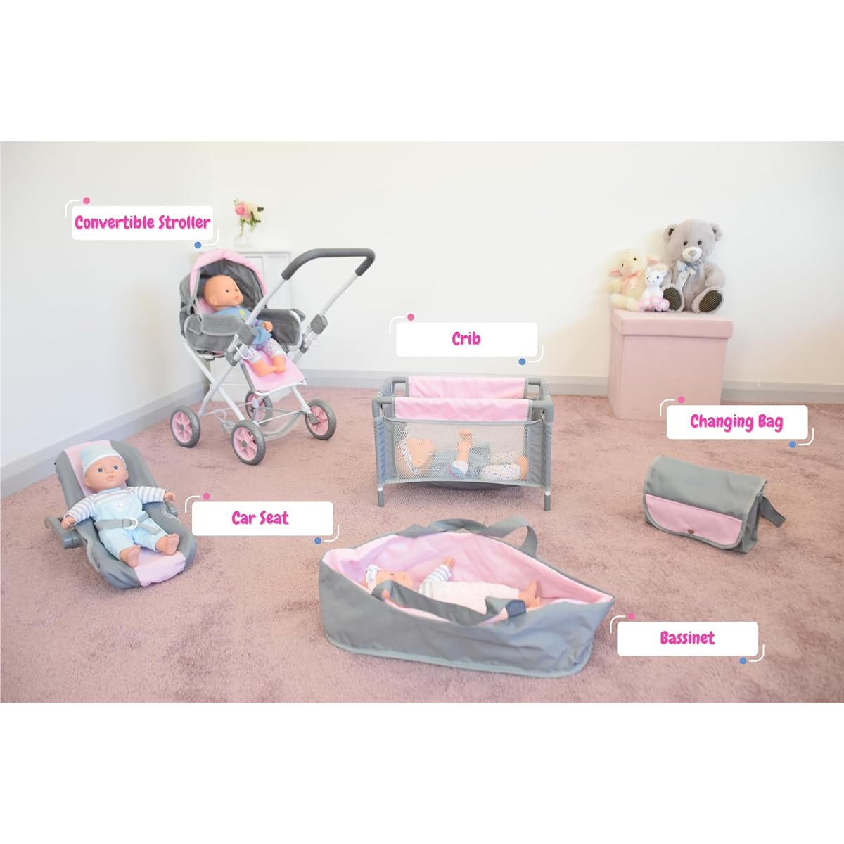 KOOKAMUNGA KIDS 5 Piece Baby Doll Stroller Set - Baby Doll Accessories - Baby Doll Playset with Crib and Car Seat - Playpen - Carry Cot - Diaper Bag - Ages 3+ - Deluxe Grey/Pink