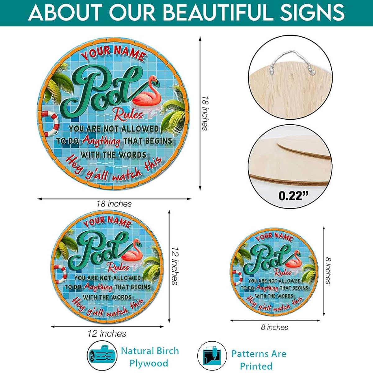 N NAMESISS- Pool Sign, Pool Rules Sign, Poolside Sign, Personalized Pool Rules Round Wood Sign, Summer Sign, Poolside Decor, Outdoor Pool Sign - 12x12 Inch, 18x18 Inch Wood Sign - Summer Gift, Housewarming Gift (WCS-EKHI-34116001)