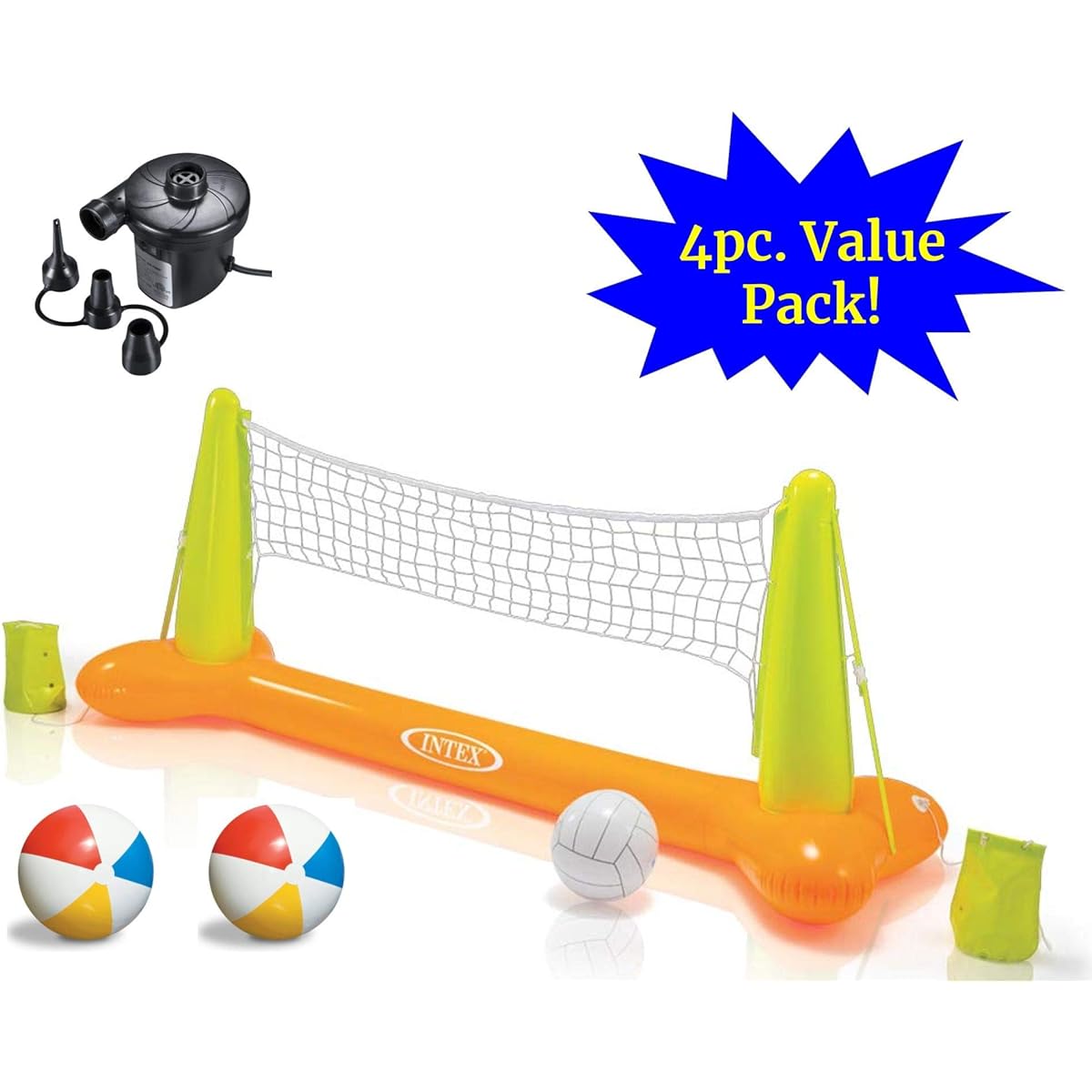 JOEY'Z Ultimate Pool Party Volleyball Set - Floating Inflatable Pool Volleyball Game with High Speed Air Pump & 2 Beach Balls (Set of 4)