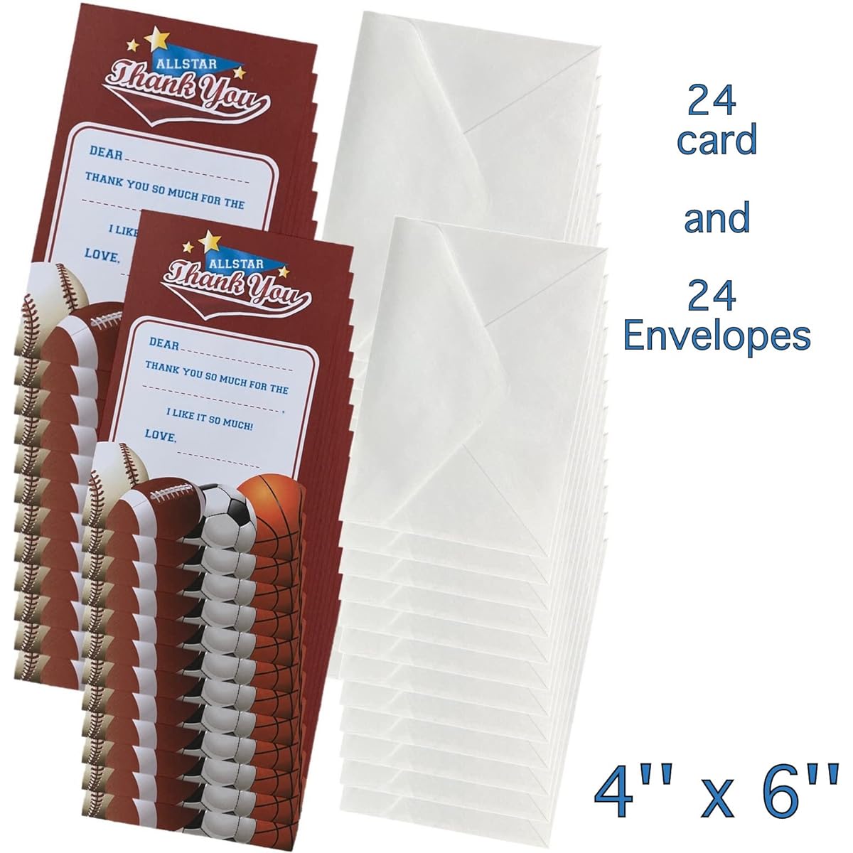 ALAZCO 24 Fill-In Thank You Postcards with Envelopes - Easy and Fun Gender Neutral Sports Theme All-Star Thank You Notes for Boys and Girls, Baseball, Basketball, Soccer, Football