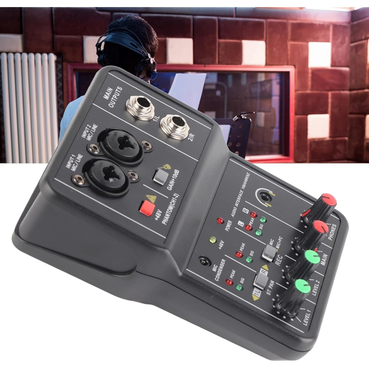ASHATA 2 Channel Audio Mixer Sound Card USB 48V Phantom Power Compact Sound Mixing Console USB Sound Card for PC Recording Music Recording Home Karaoke Internet Karaoke
