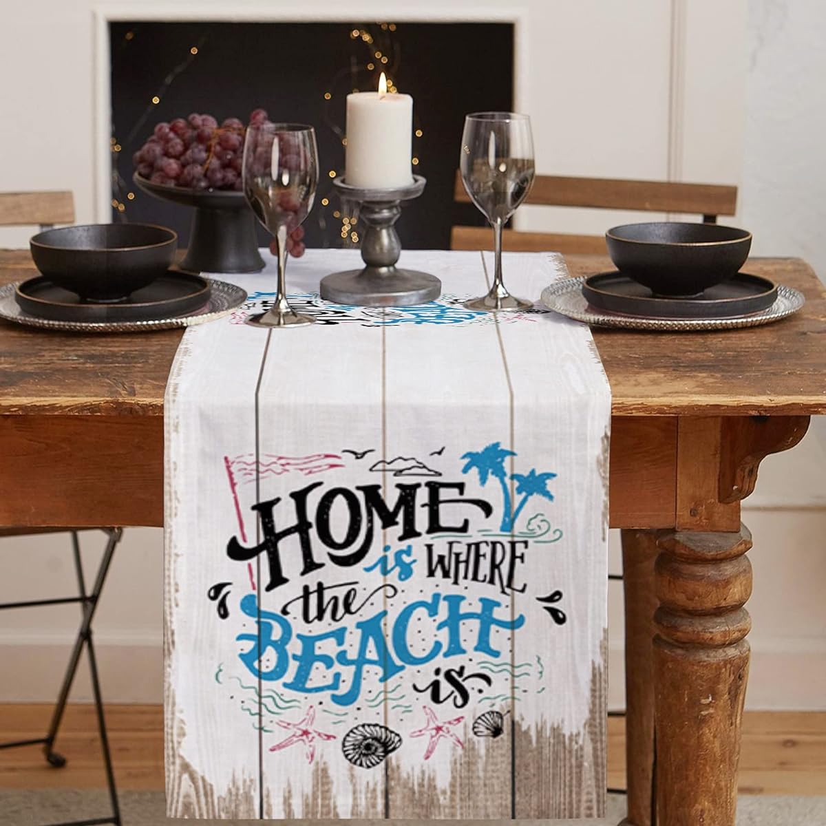 ARTSHOWING Summer Marine Life Decorative Table Runner 13 x 36 Inch Linen Texture Table Runner for Kitchen Dining Wedding Party Home Decoration Starfish Shell Palm Tree Beach Wood Plank