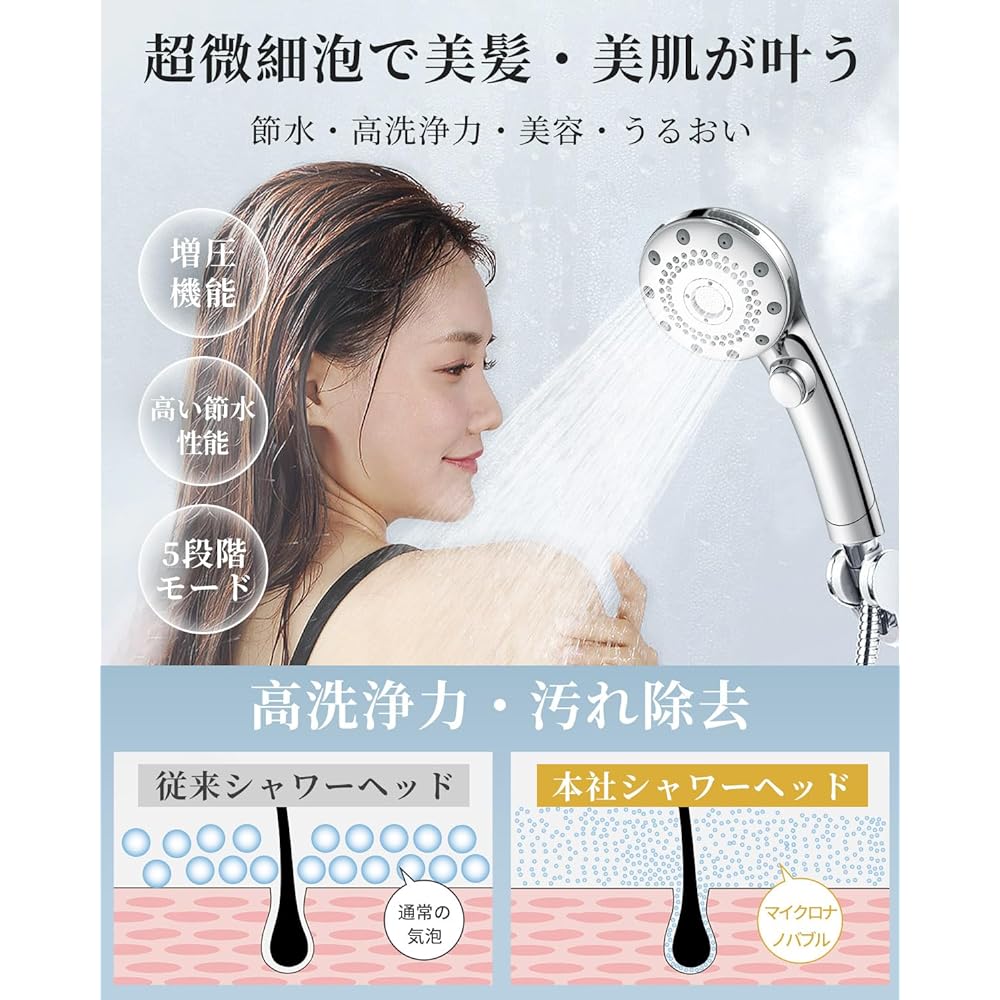 Shower Head Ultra Fine Bubble Water Saving High Cleaning Power Water Stop at Hand 5 Stage Mode Micro Nano Bubble Shower Head Beautiful Skin Pore Care Moisturizing Scalp Gentle Mist Shower Head Bath Ultra Fine Water Stream Leak Prevention Easy to Install