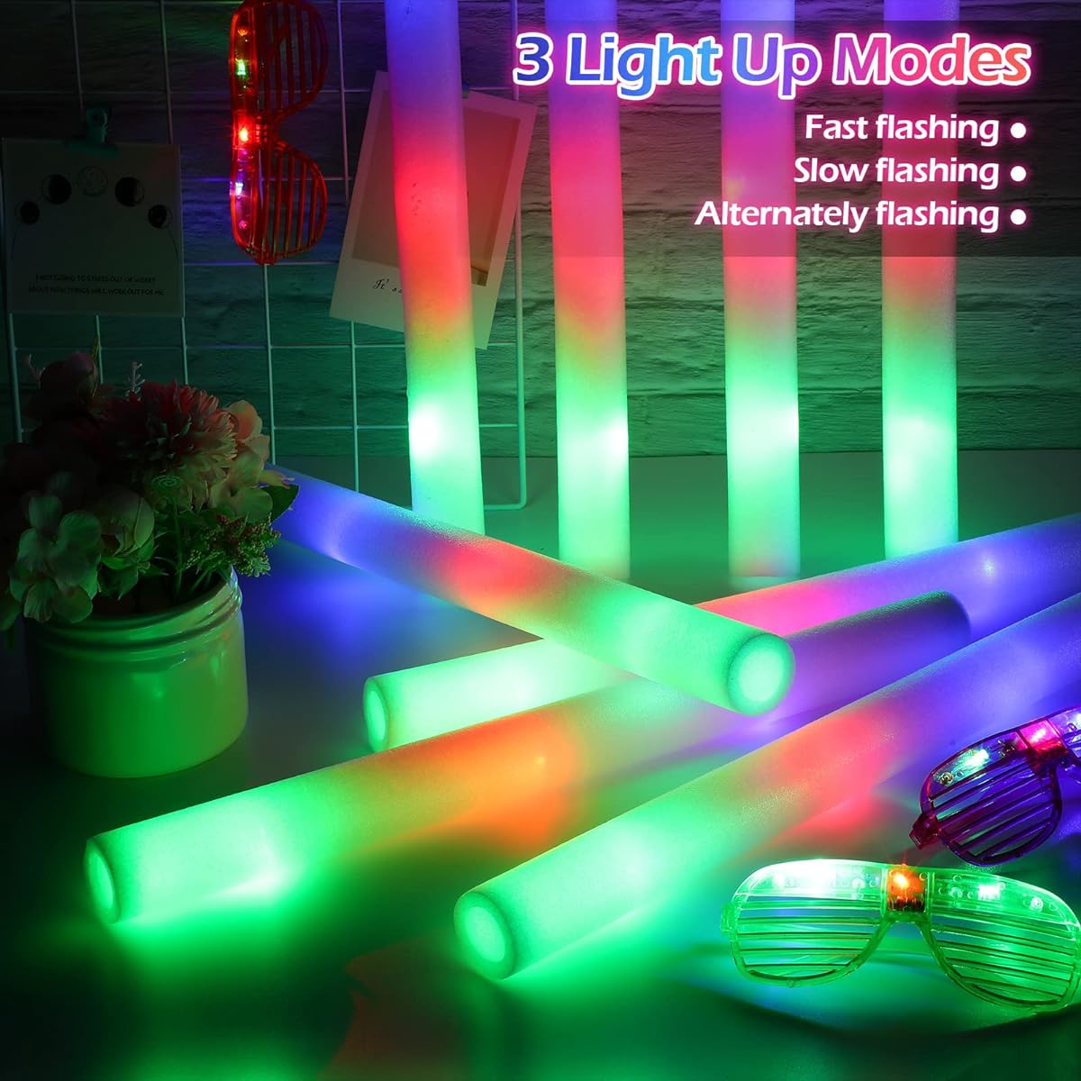 Vinsot 50pcs LED Light Sticks with 3 Modes Colorful Flashing Glow Baton 16inch Soft Glow Sticks Glow in the Dark Party Supplies for Halloween Christmas Wedding Concert Rave Birthday Party