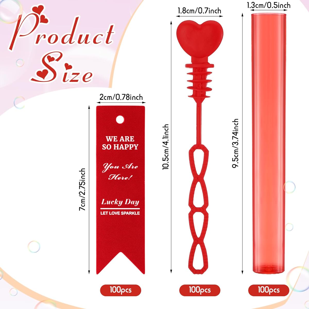 Simgoing Valentine's Day Mini Bubble Wands 100pcs Bulk Party Favors for Kids 4" Heart Bubble Wands with Thank You Cards Bubble Wands Set for Boys Girls with Liquid (Red)