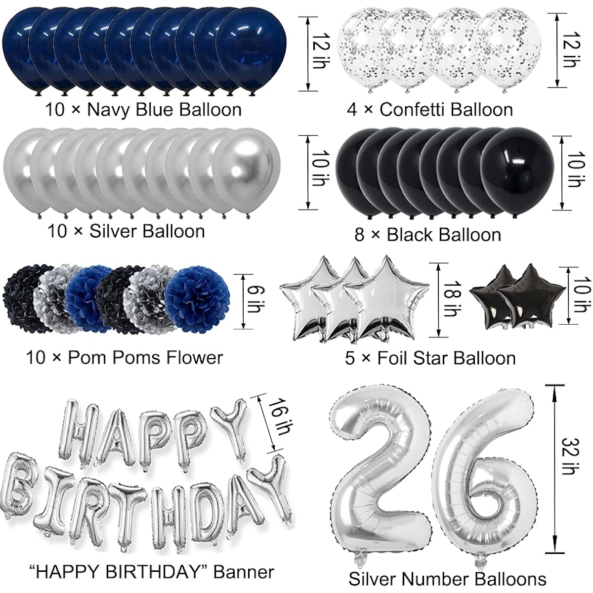 RBYOO 26th Blue Birthday Decorations for Men Boys Women Girls Navy Blue Black Silver Happy Birthday Party Supplies with Pom Poms Flower Confetti Balloons 26 Foil Number Balloons Happy Birthday Banner