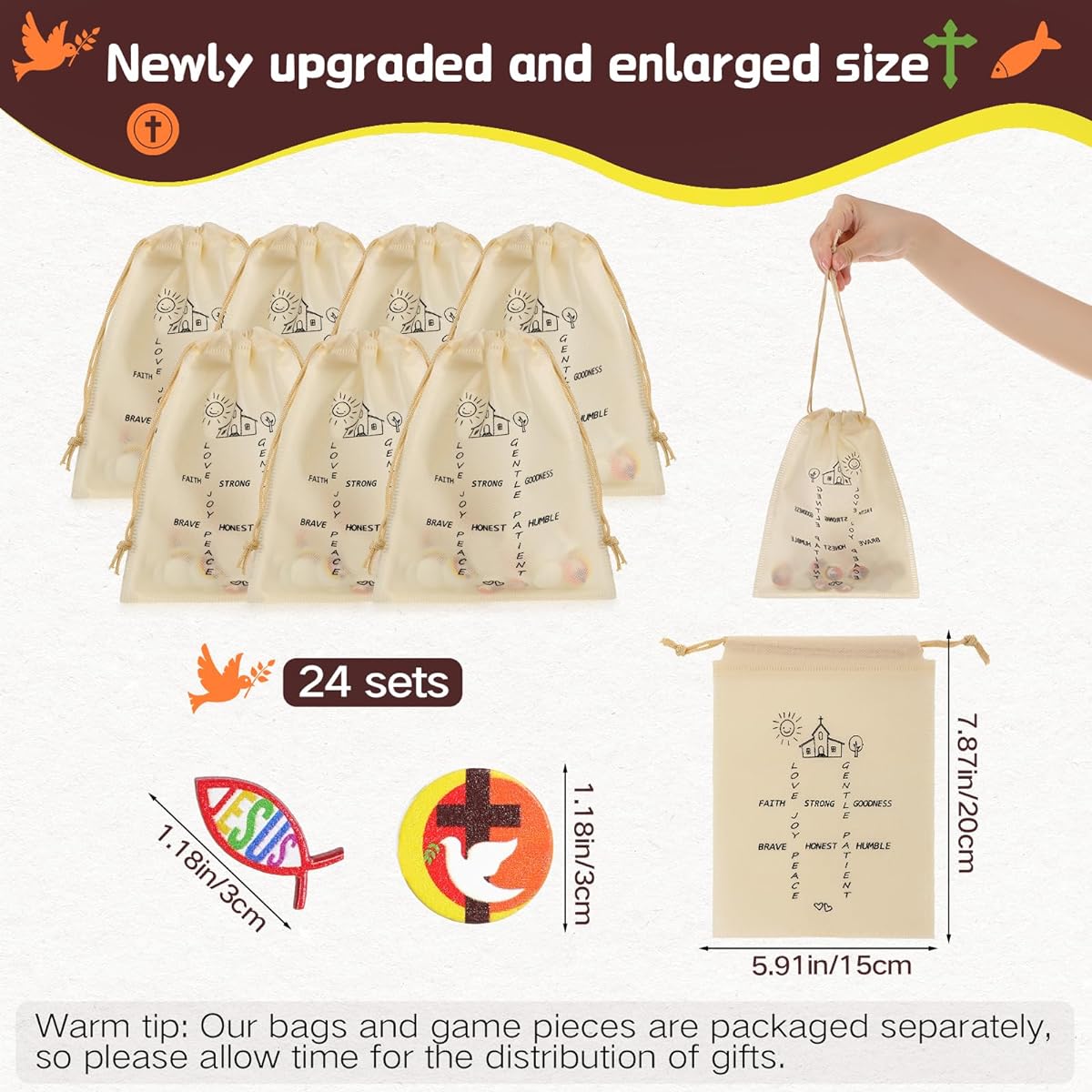 Tic Tac Toe Game Christian Religion Party Favors 240 Mini Wooden Jesus Fish Game Pieces 24 Drawstring Bags for Kids Sunday School Prizes Church Carnival Back to School Rewards